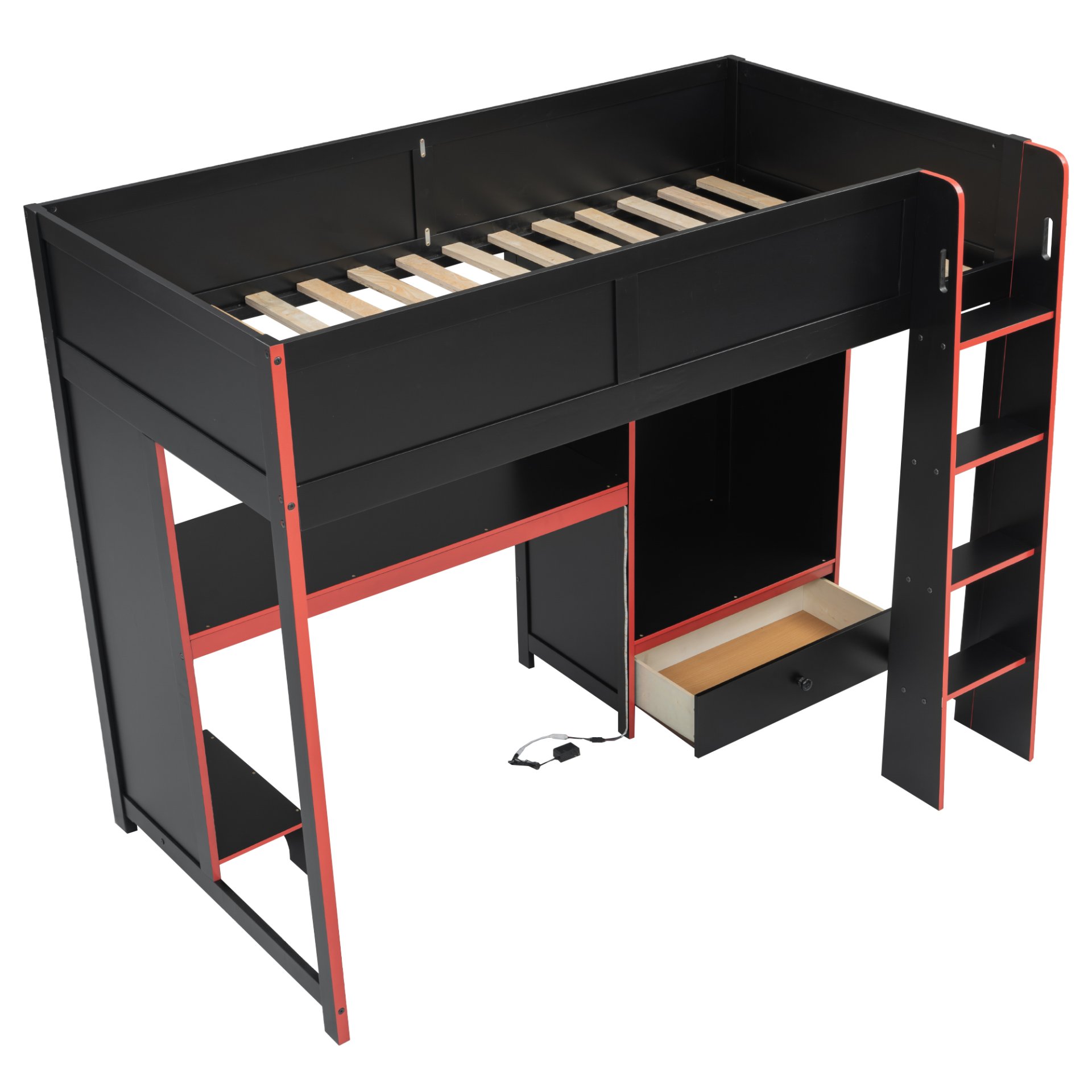 Twin Size Gaming Loft Bed With Built In Desk, Wardrobe, LED Lighting And Drawer - Black - Image 9