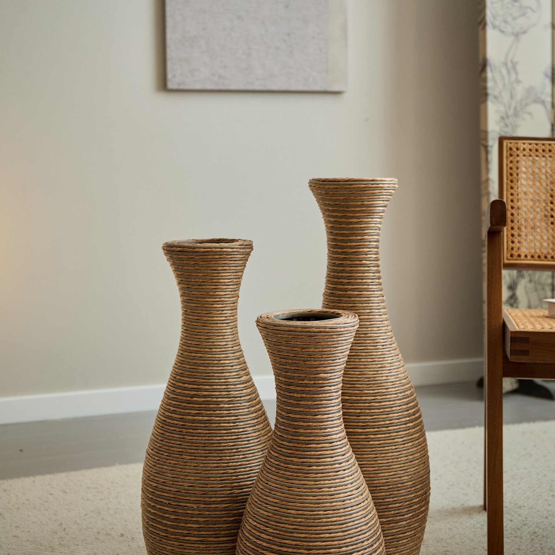 3 Piece Artificial Rattan Floor Vase Set Decorative Accent For Living Room, Hallway & Entryway, Ideal For Dried Or Silk Flower Arrangements - Beige - Image 11