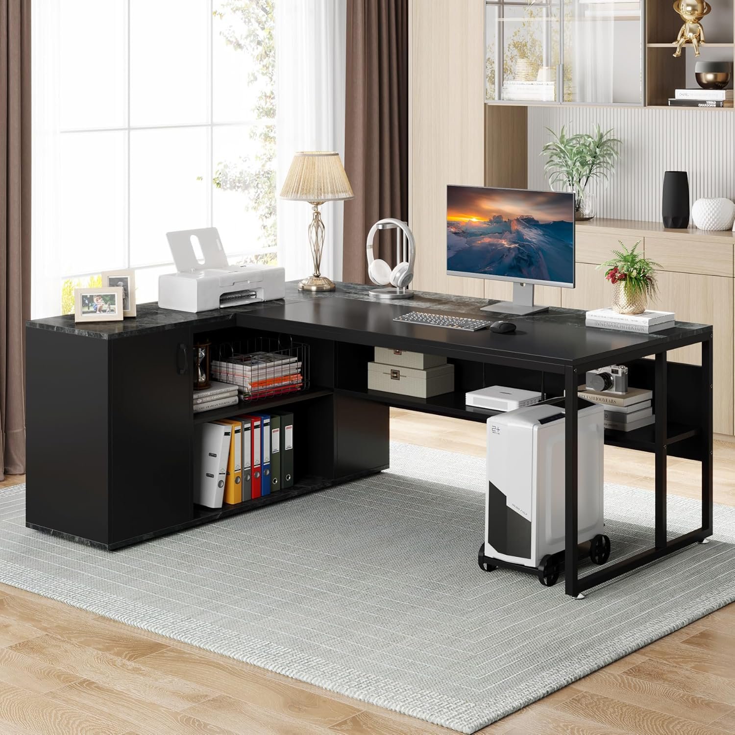 L-Shaped Executive Desk & Cabinet Storage, Office Furniture Set For Home - Gray / Black - Image 5