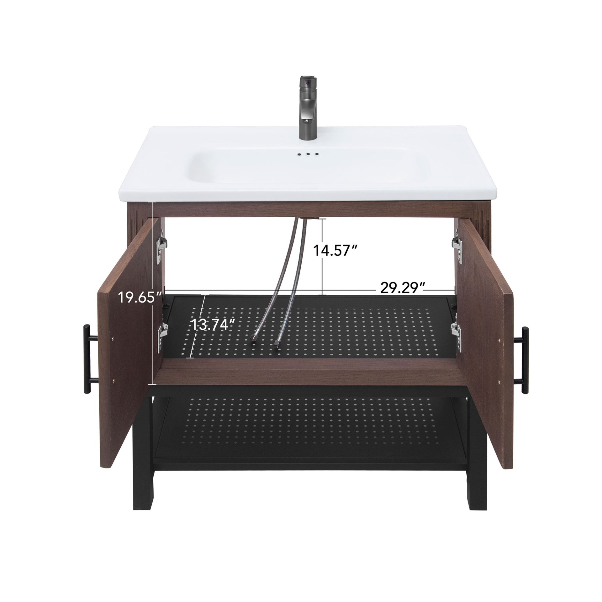 Modern Freestanding Bathroom Vanity With White Ceramic Sink, Hot And Cold Faucet, 2 Door Cabinet & Open Iron Shelf, Magnesium Oxide And Iron Frame - Walnut - Image 6