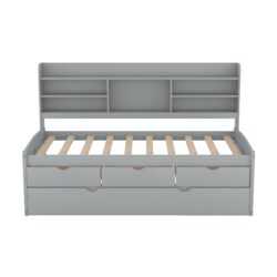 Twin Size Captain Bed With Built In Bookshelves, 3 Storage Drawers, And Trundle - Gray