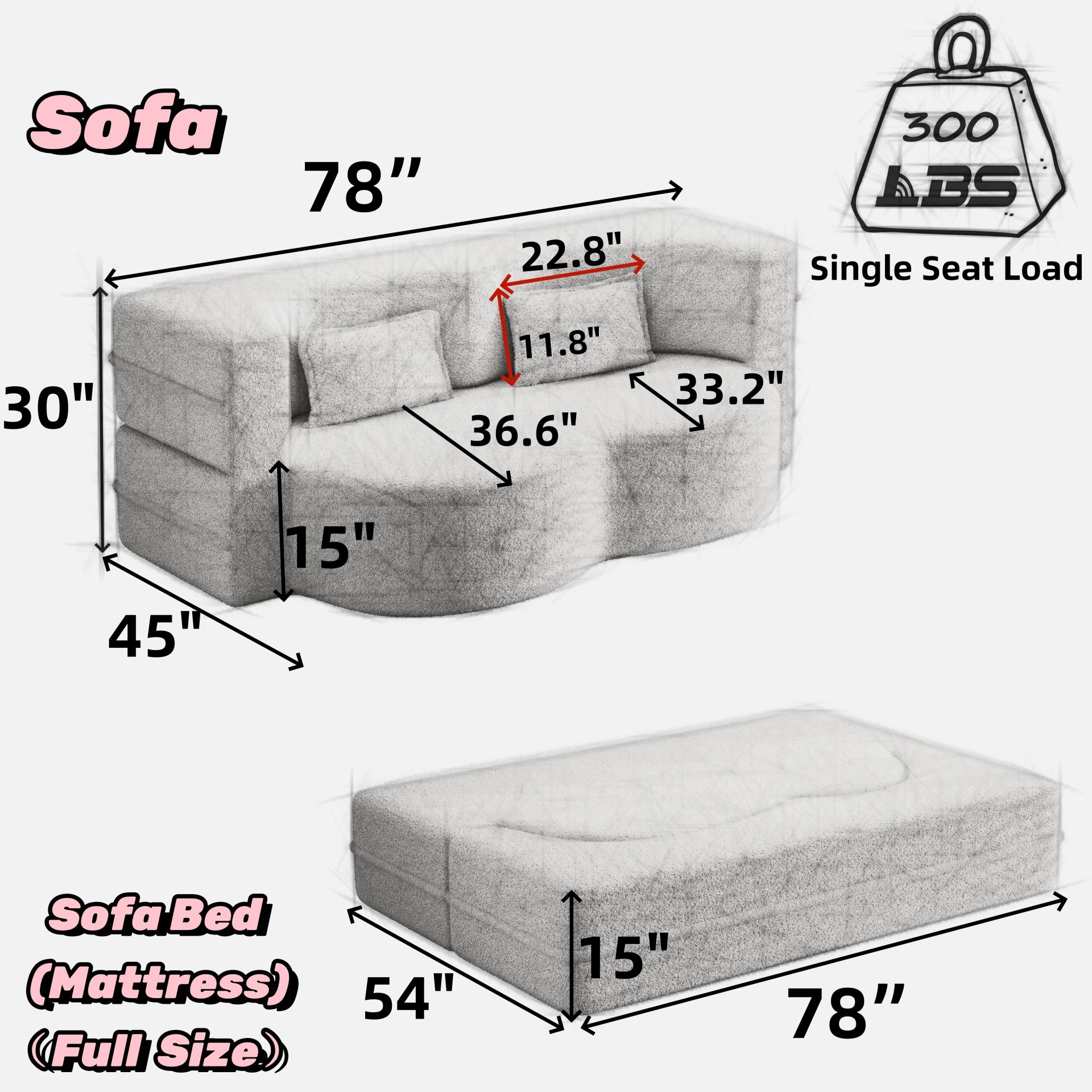 Modern Floor Sofa With 2 Pillows, Convertible Teddy Fabric Foam Filled Sleeper Sofa Bed, Full Size Folding Mattress For Living Room Guest Bed, Playroom, No Assembly Required - Pink - Image 3