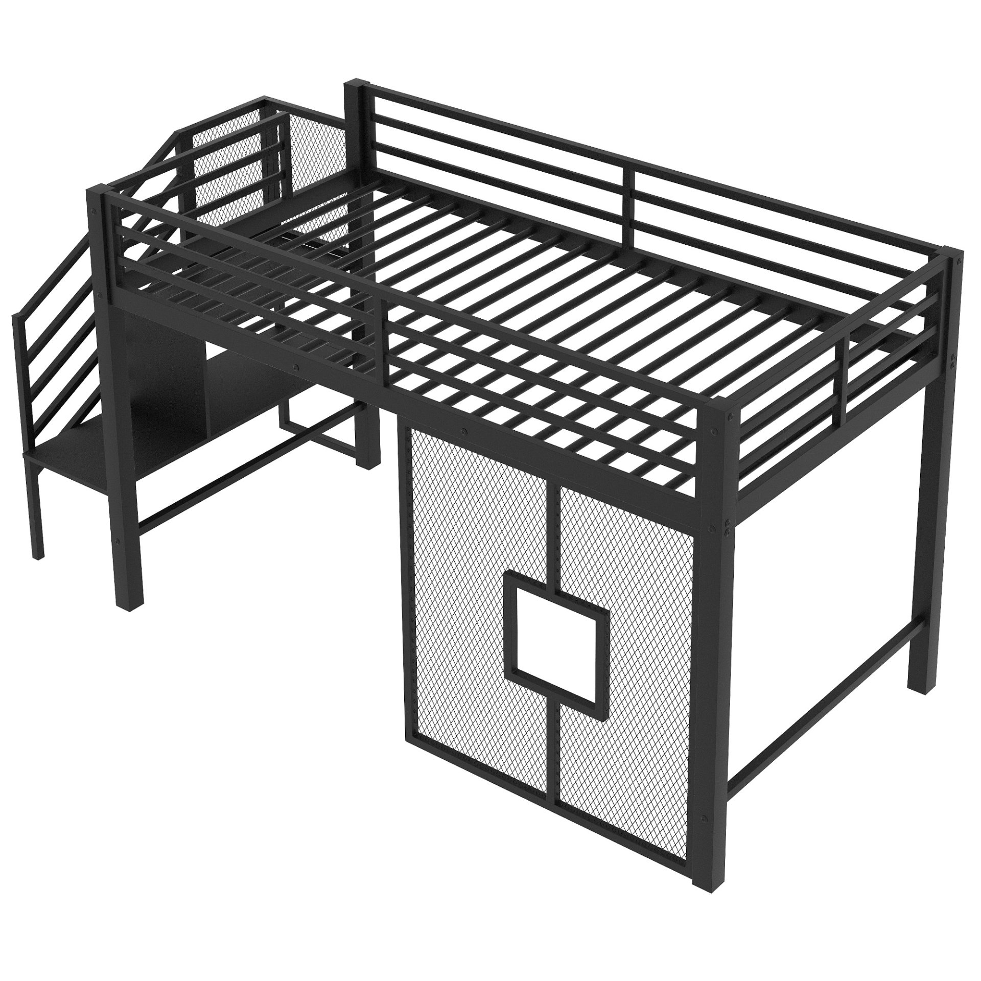 Twin Low Loft Bed Frame With Storage Staircase - Black - Image 10