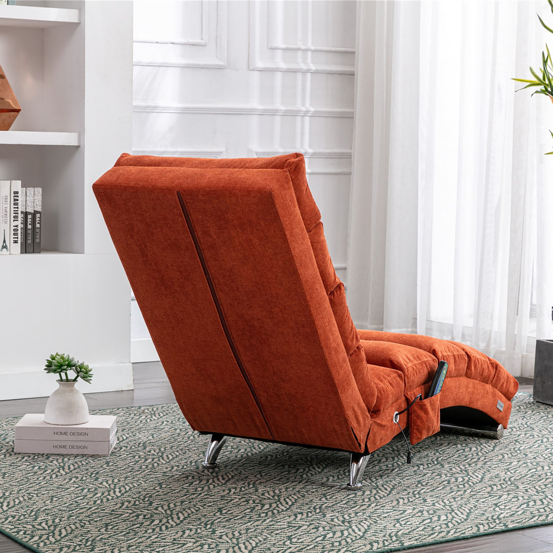 Ergonomic Linen Massage Chaise Lounge With Remote Control, 5 Modes - Orange - Image 7