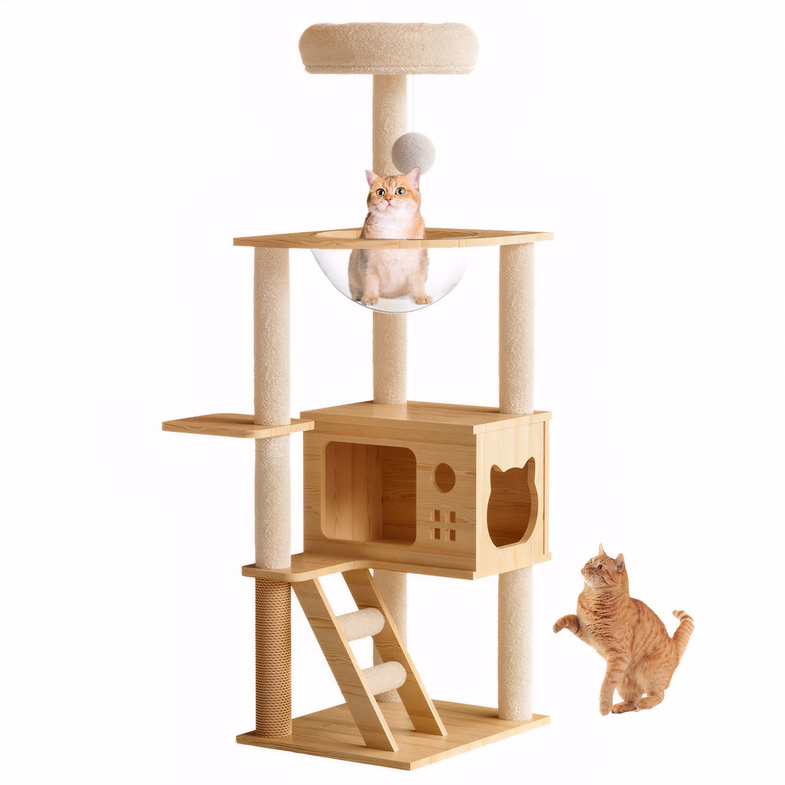 Modern Cat Tower, Wood Cat Tree Tower For Indoor Cats, Cat Tree With Sisal Covered Scratching Posts And Top Perch - Natural / White - Image 6