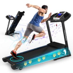 Treadmills For Home, Electric Treadmill With Automatic Incline, Foldable 3.5Hp Workout Running Machine Walking, Double Running Board Shock Absorption Pulse Sensor Bluetooth Speaker App Fitshow - Black
