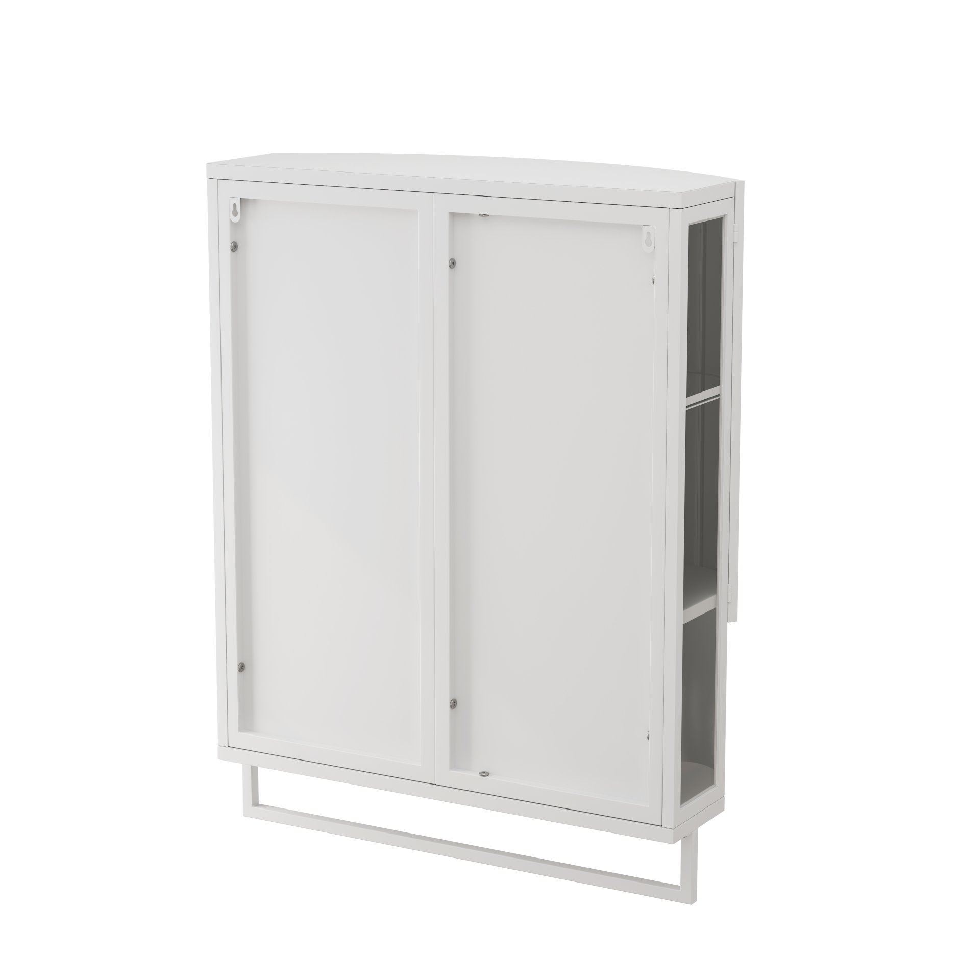 Arched Glass Double Door Wardrobe With Shatterproof Mirror, Open Shelf & Towel Rack - White - Image 11
