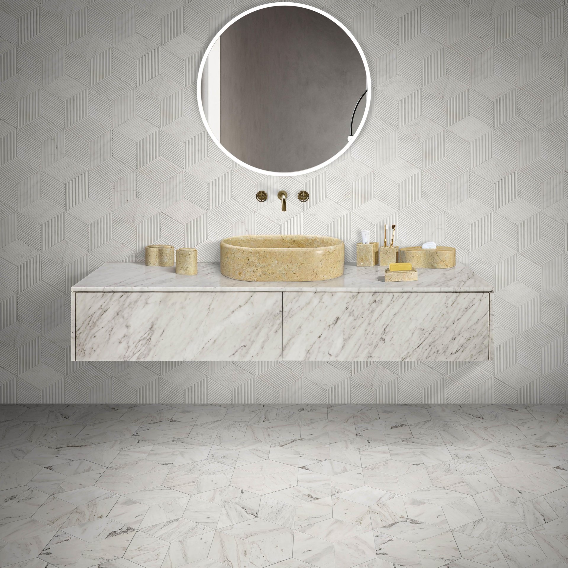 Vessel Sink, Semi Polished Surface, Genuine Real Marble, Oval Shape - Beige / Gold - Image 5