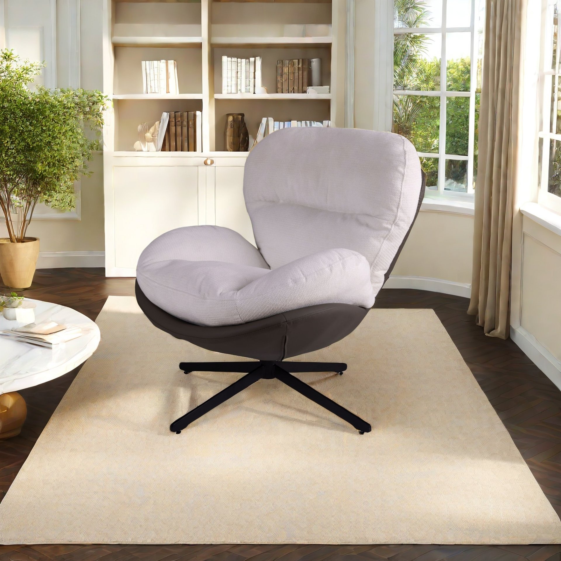 360° Swivel Office Chair, Modern Chenille Chair With And Metal Base Frame, No Wheels, Accent Chair - White - Image 11