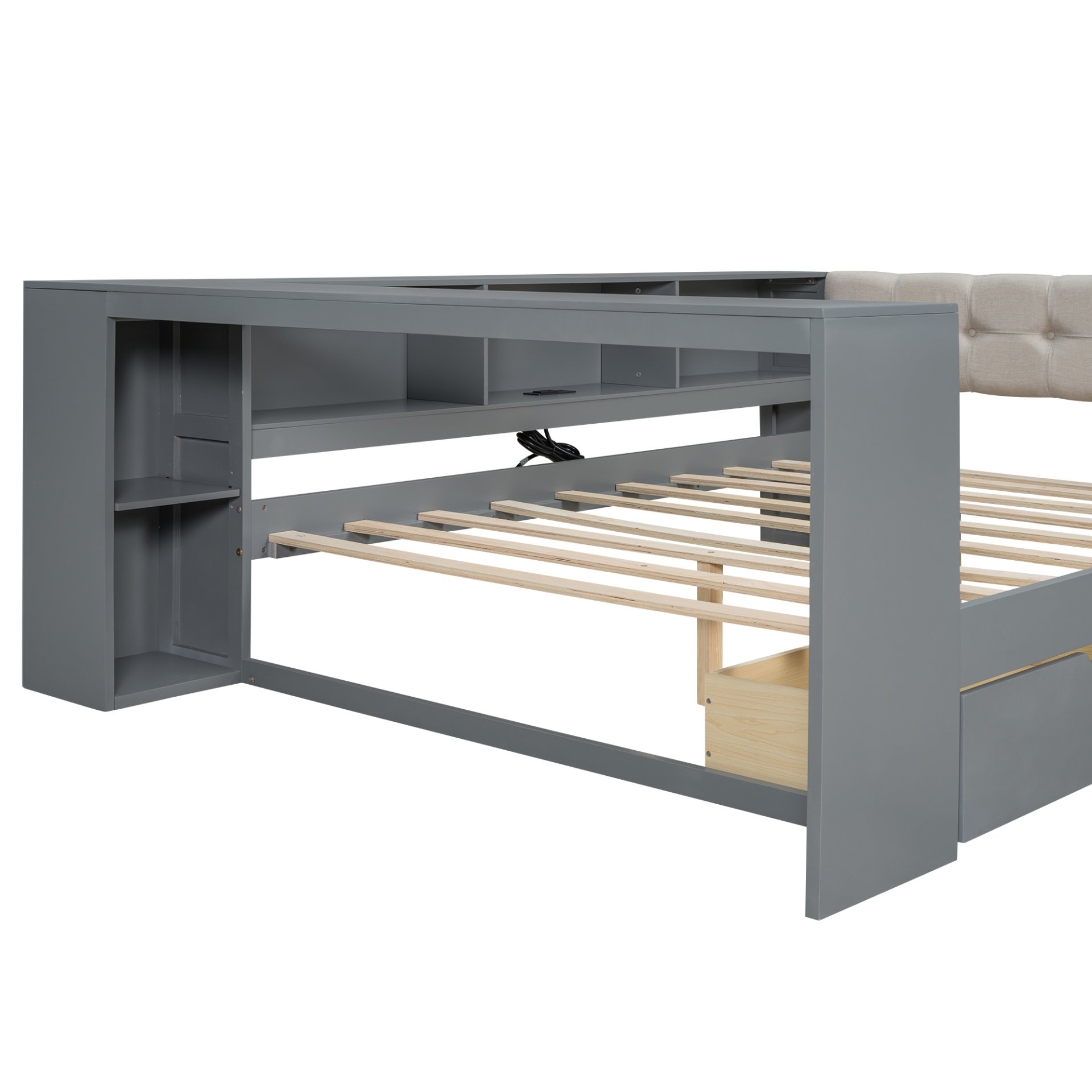 Upholstered Headboard Full Size Platform Bed With Storage Shelves, Drawers, Charging Station - Gray - Image 10