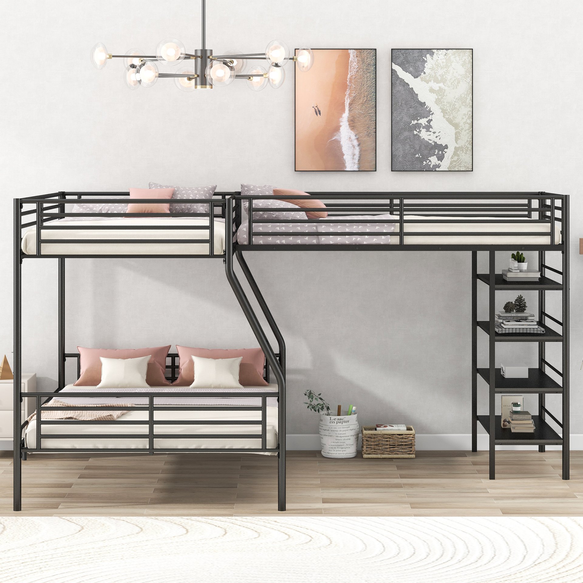 L-Shaped Twin Over Full Bunk Bed And Twin Loft Bed With 4 Built In Shelves - Black - Image 5