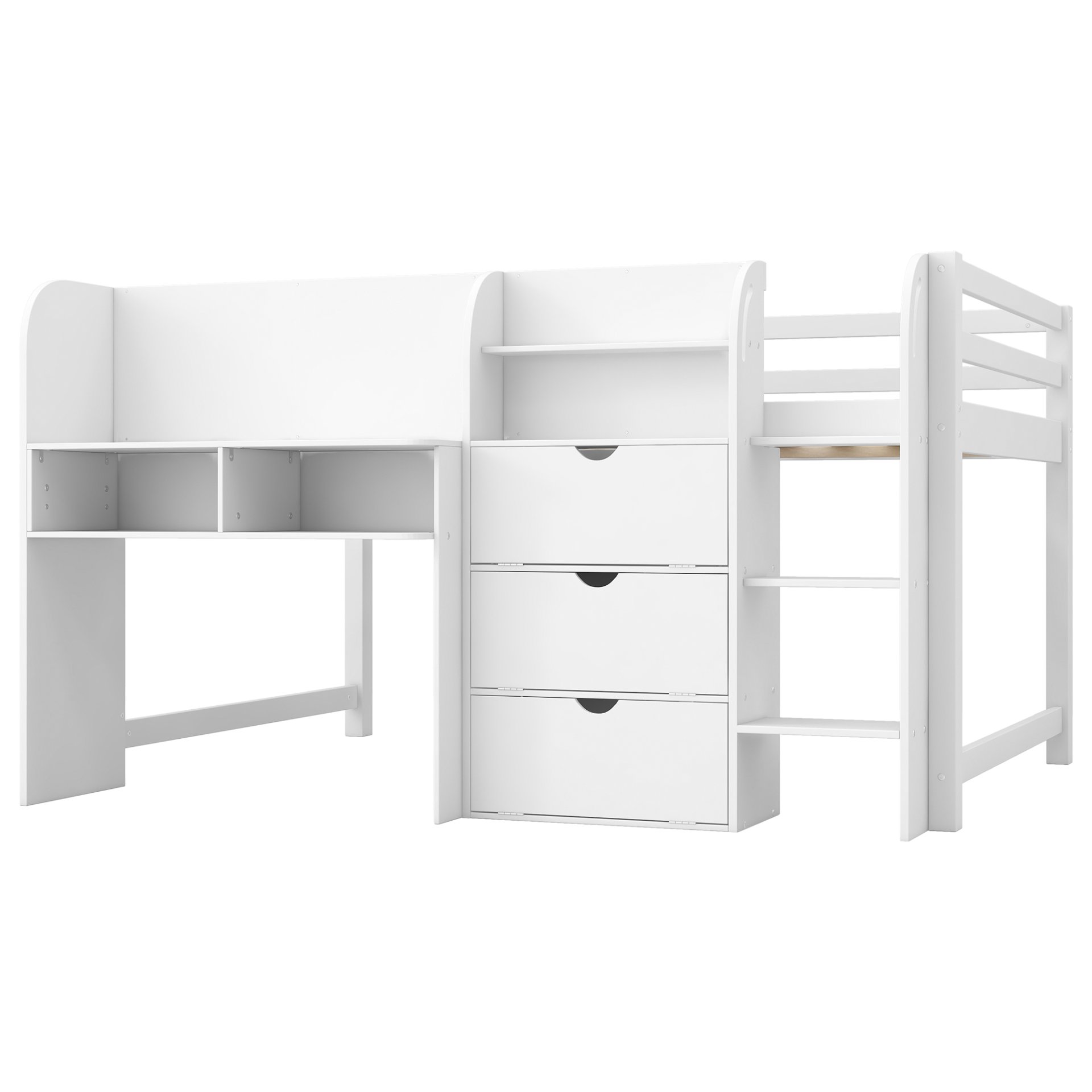 Full Size Low Loft Bed With Built In Desk, Storage Cabinets, Open Bookcase And Doodle Blackboard - White - Image 6