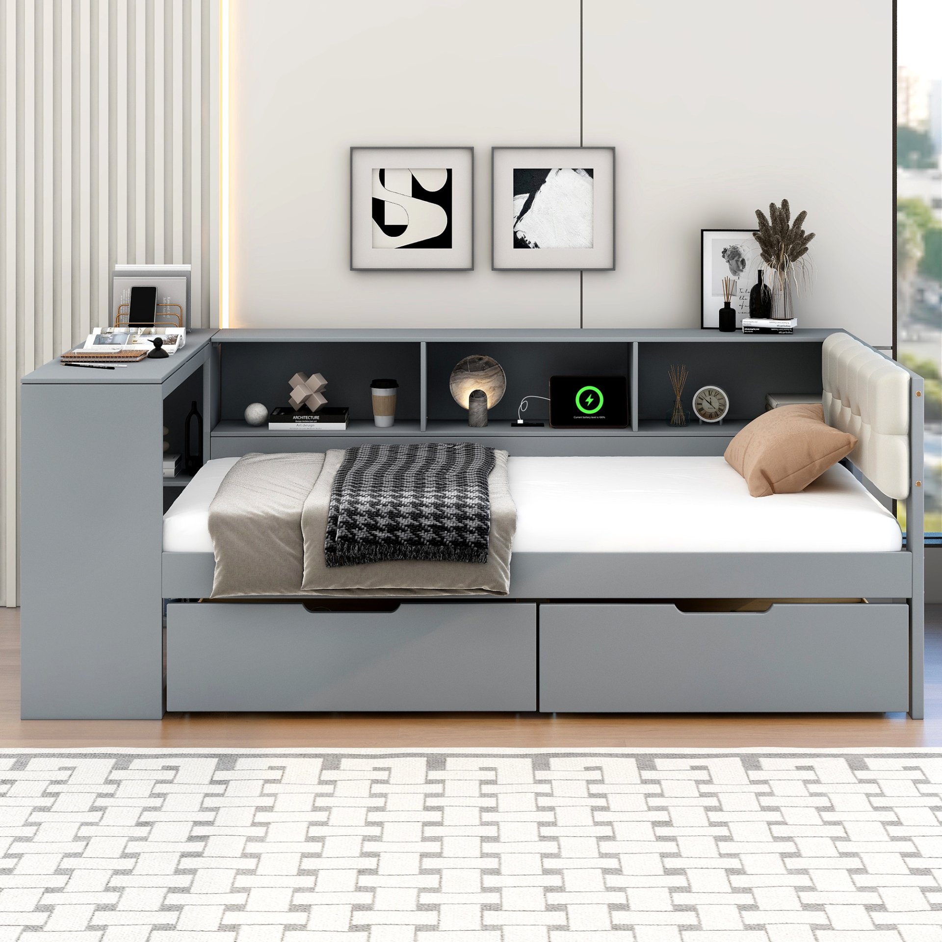 Upholstered Headboard Twin Size Platform Bed With Storage Shelves, Drawers, Charging Station - Gray - Image 2