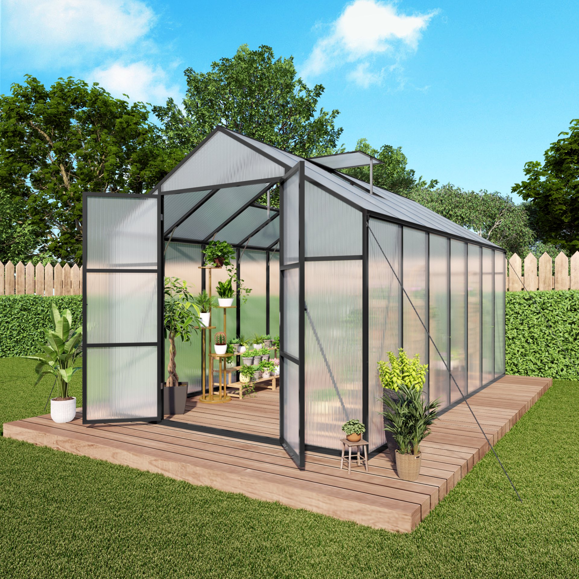 Gain Height Windproof Greenhouse 8 X 14 Ft Polycarbonate With Raised Base And Anchor Alloy Frame, All Season Outdoor Garden Shelter - Black - Image 9