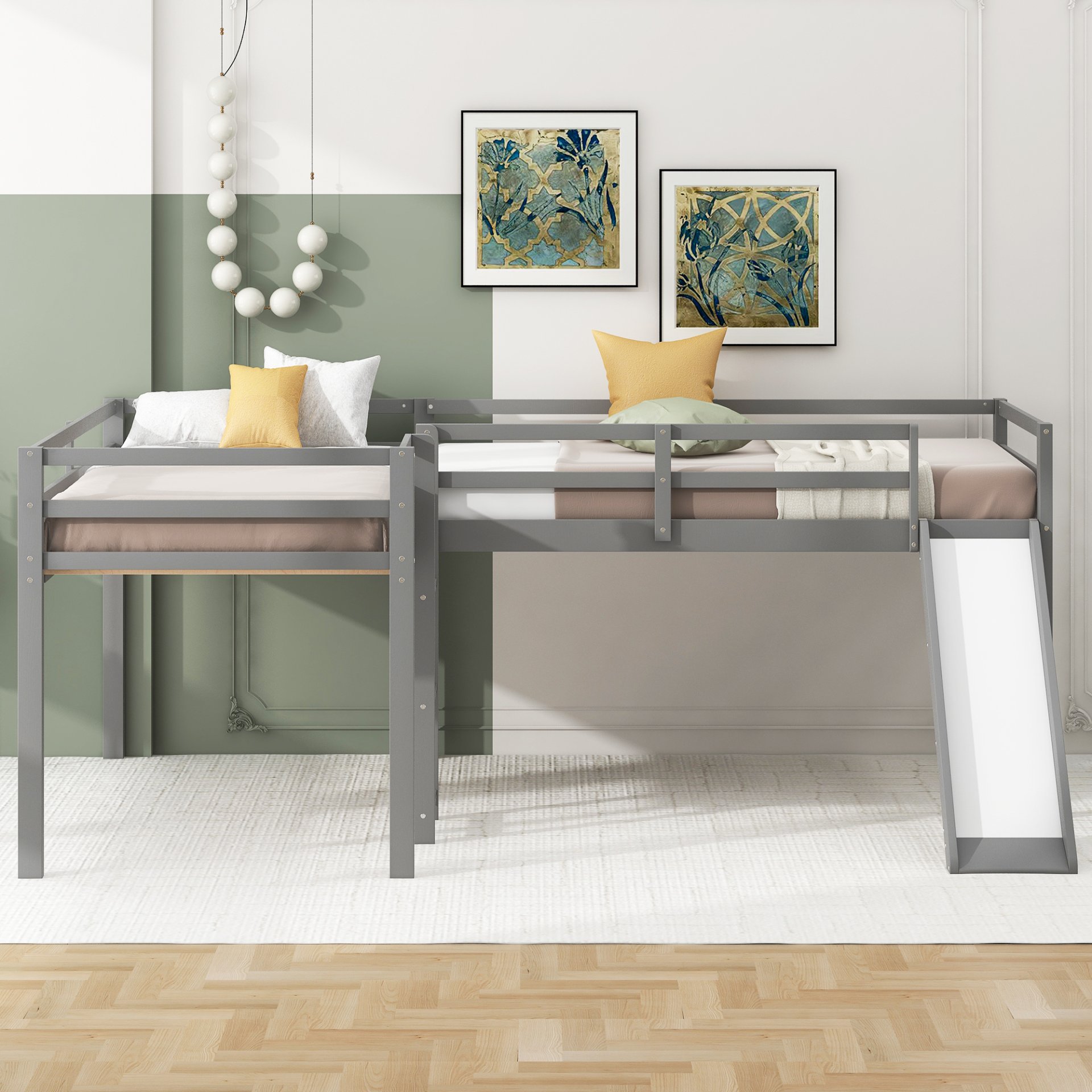 L-Shaped Twin Size Loft Bed With Ladder And Slide - Gray - Image 5