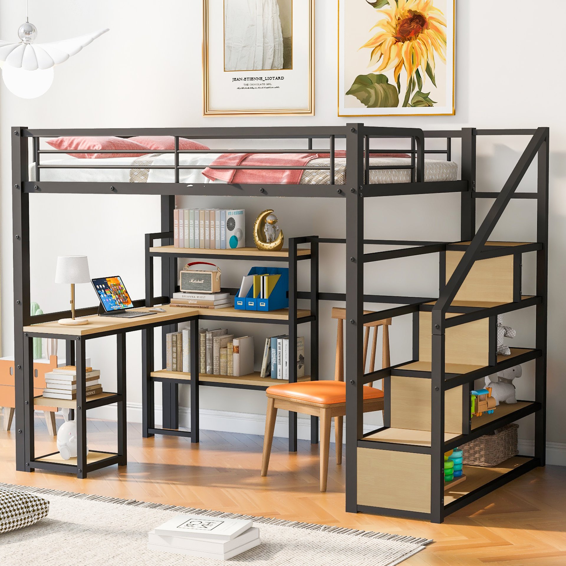 Full Size Loft Bed With Staircase, Built In Desk And Shelves And Sleeping Surface - Black - Image 2
