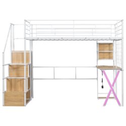 Twin Size Loft Bed With Built In Work Station, Wardrobe, Storage Staircase And LED - White