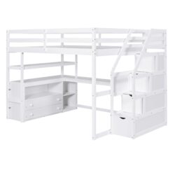 Full Size Loft Bed With Desk, Shelves, 2 Drawers, Storage Staircase - White