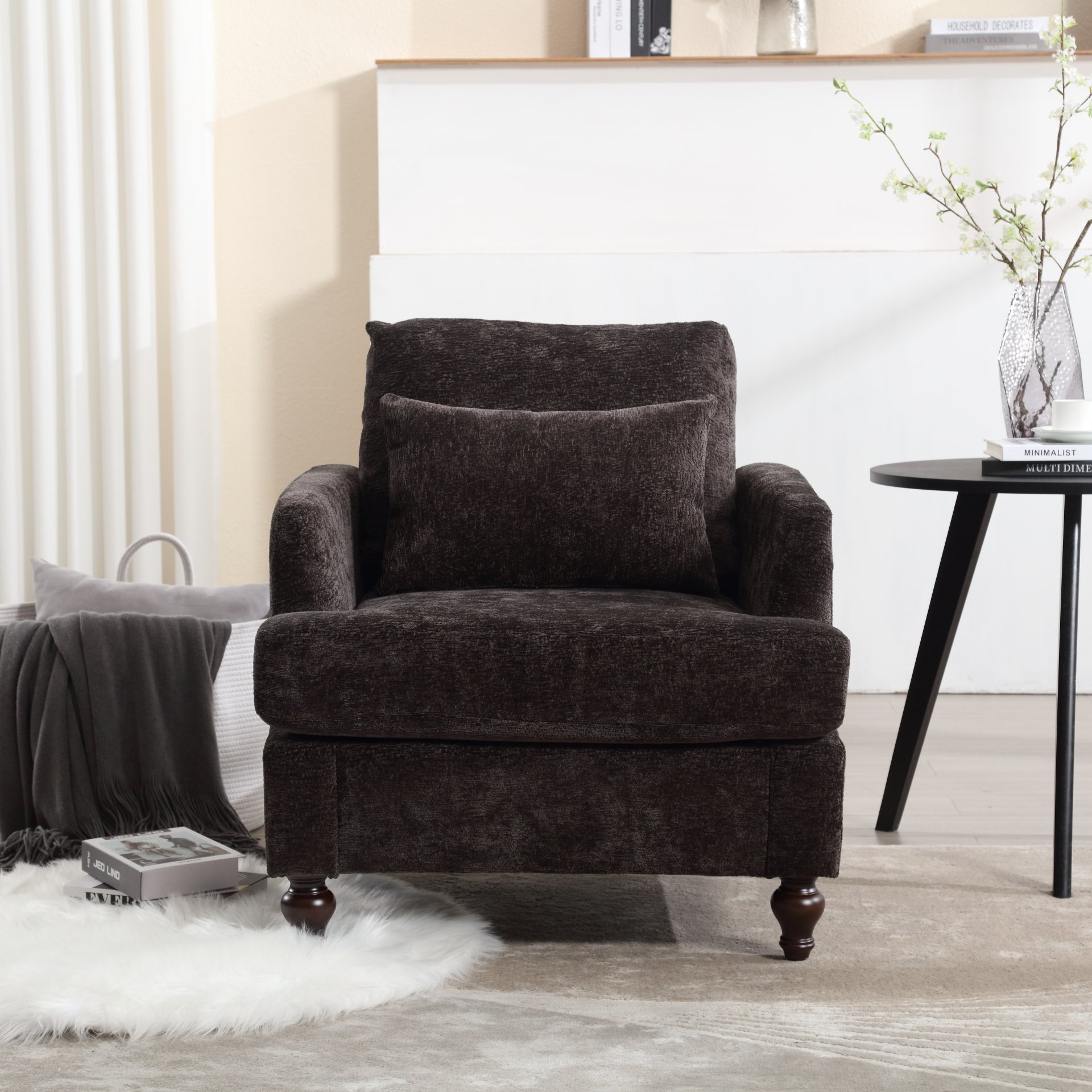 Modern Accent Chair Lounge Chair Chenille Tufted Club Chair Mid Century Arm Chair With Solid Wood Frame - Black - Image 6