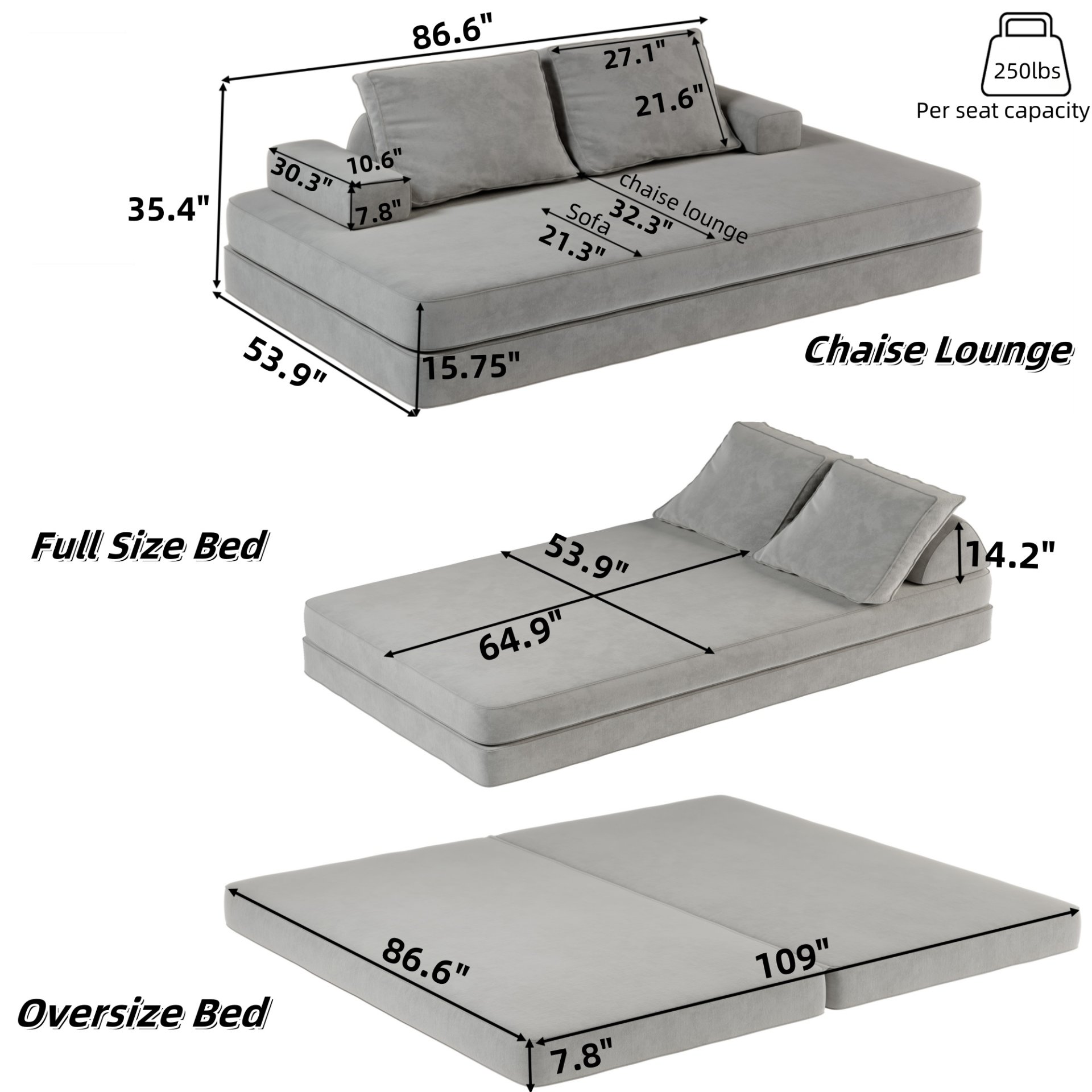 Multifunctional Convertible Sofa Bed With 2 Tumbler Backrests And 2 Pillows, Diy Modern Upholstered Couch - Light Gray - Image 3