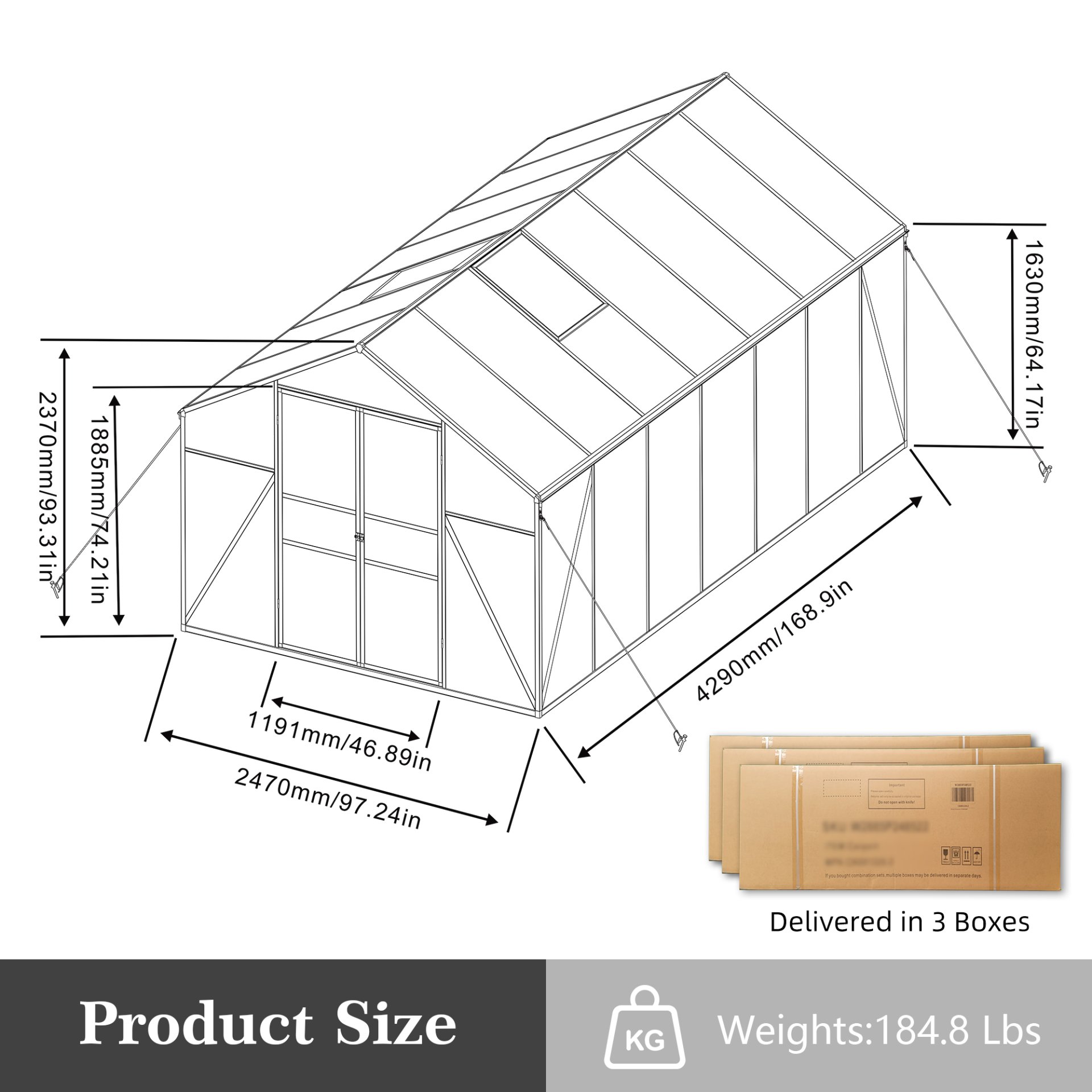 Gain Height Windproof Greenhouse 8 X 14 Ft Polycarbonate With Raised Base And Anchor Alloy Frame, All Season Outdoor Garden Shelter - Black - Image 3