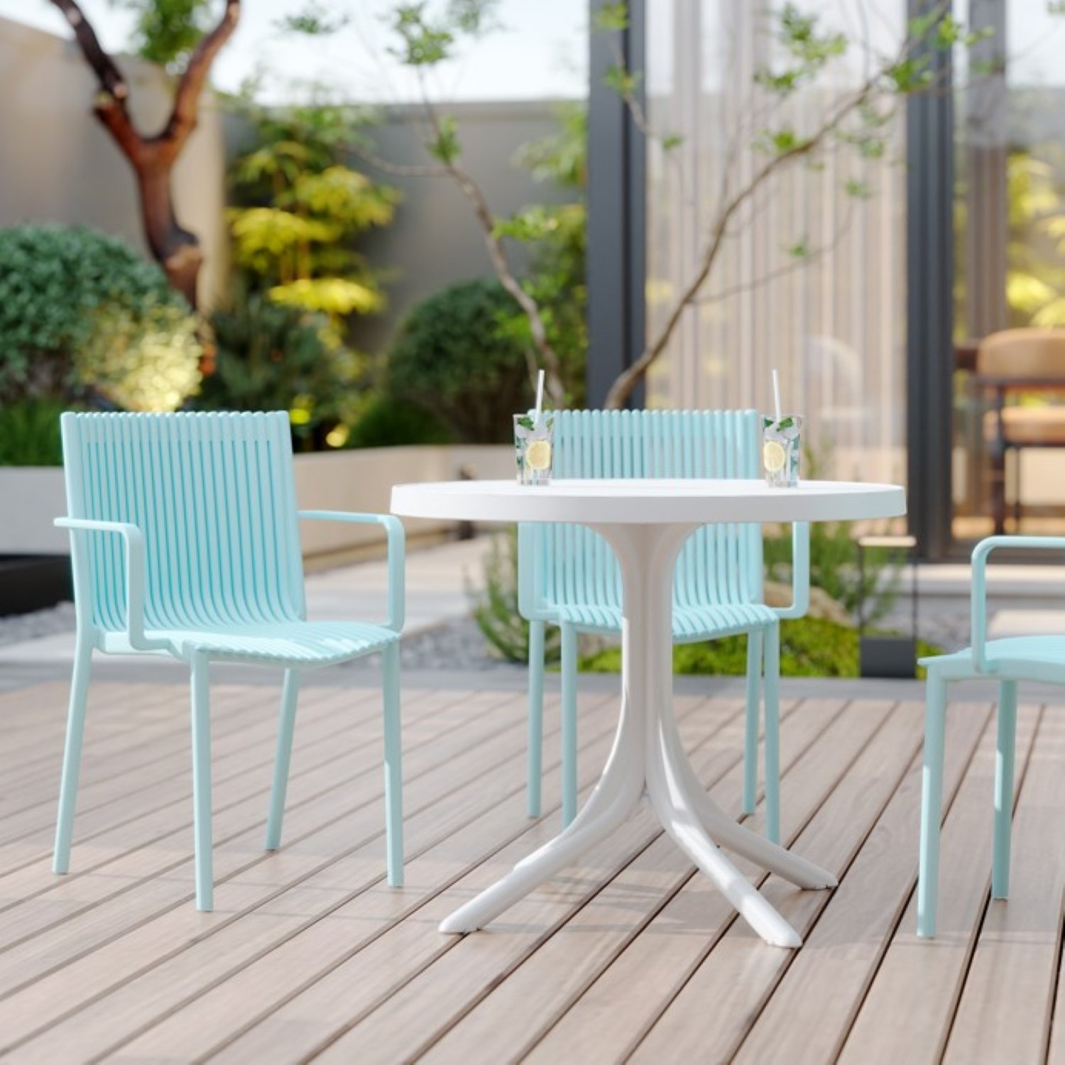 4 Piece Stackable Single Chairs With Vertical Stripe Design For All Weather - Light Blue - Image 6