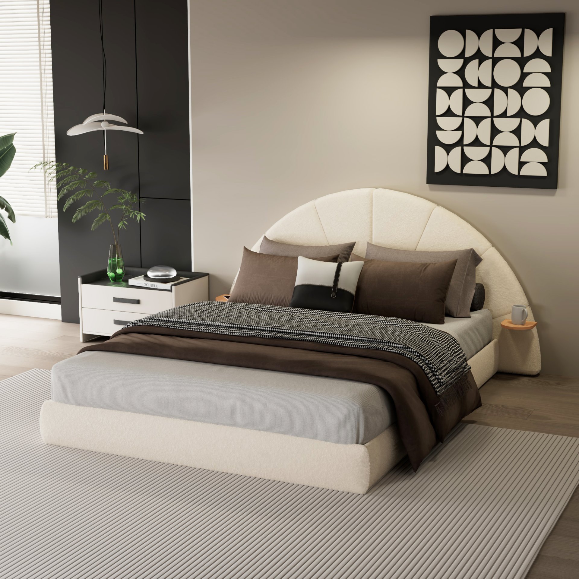 Queen Arched Bed With Small Table, Floor Standing Design - Beige - Image 5