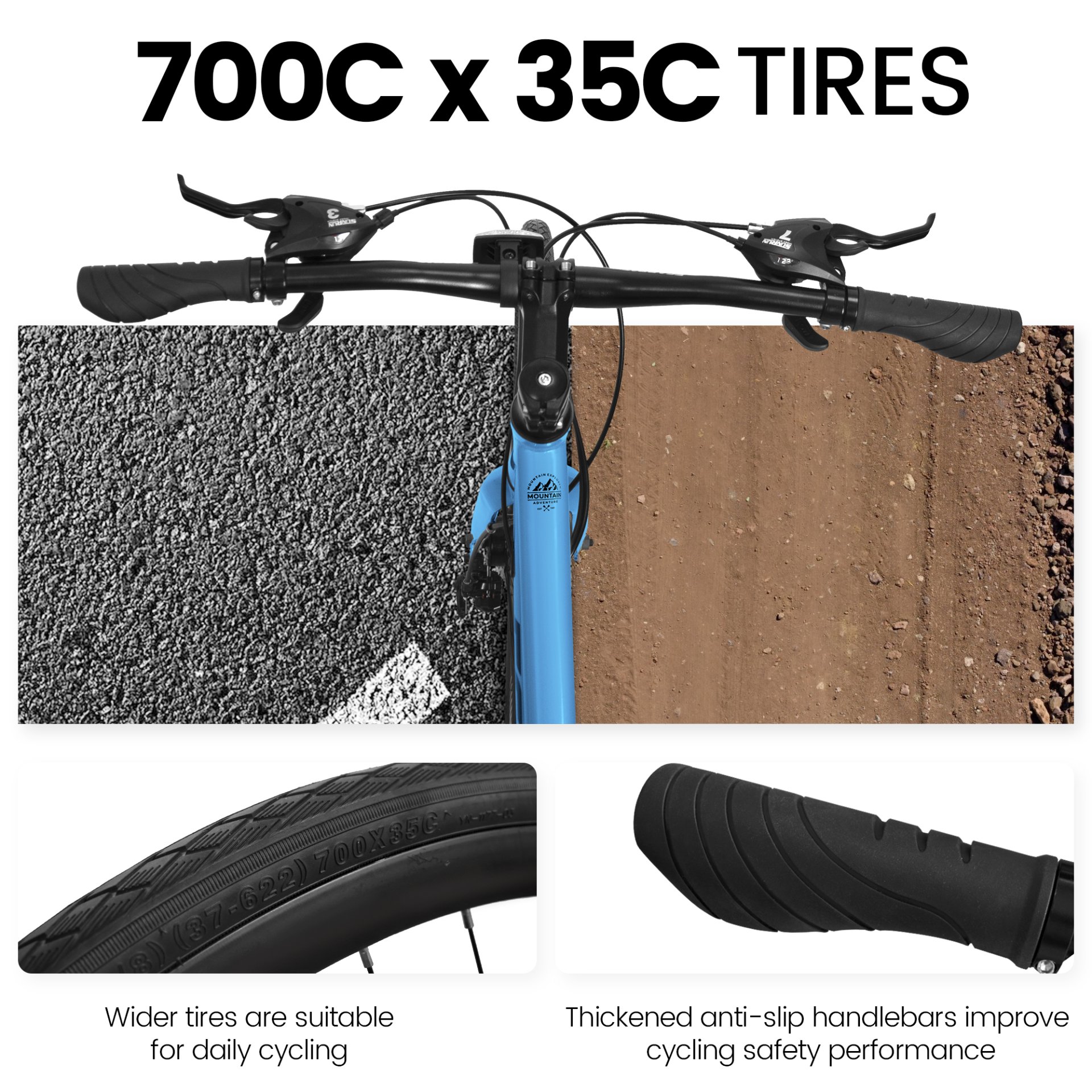 A28250 700Cx35 Road Bike With Aluminum Alloy Wheels, 21 Speed Gear System, Disc Brakes, Wide Tires, Ideal For Urban Commuting And Student Transportation - Black / Blue - Image 7