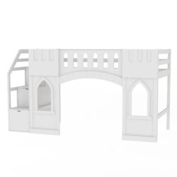 Twin Size Loft Bed With Storage Staircase And Windows - White