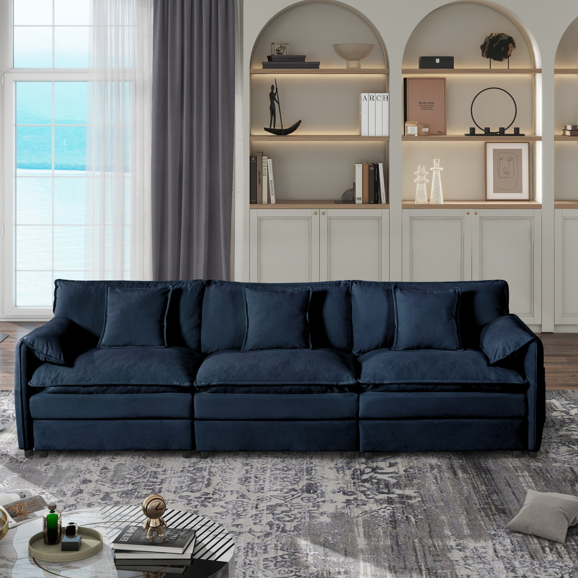 Modern Chenille Oversized Deep Seat Sectional Sofa Cloud Couch With 3 Modular Seats And 3 Complimentary Pillows - Blue - Image 2
