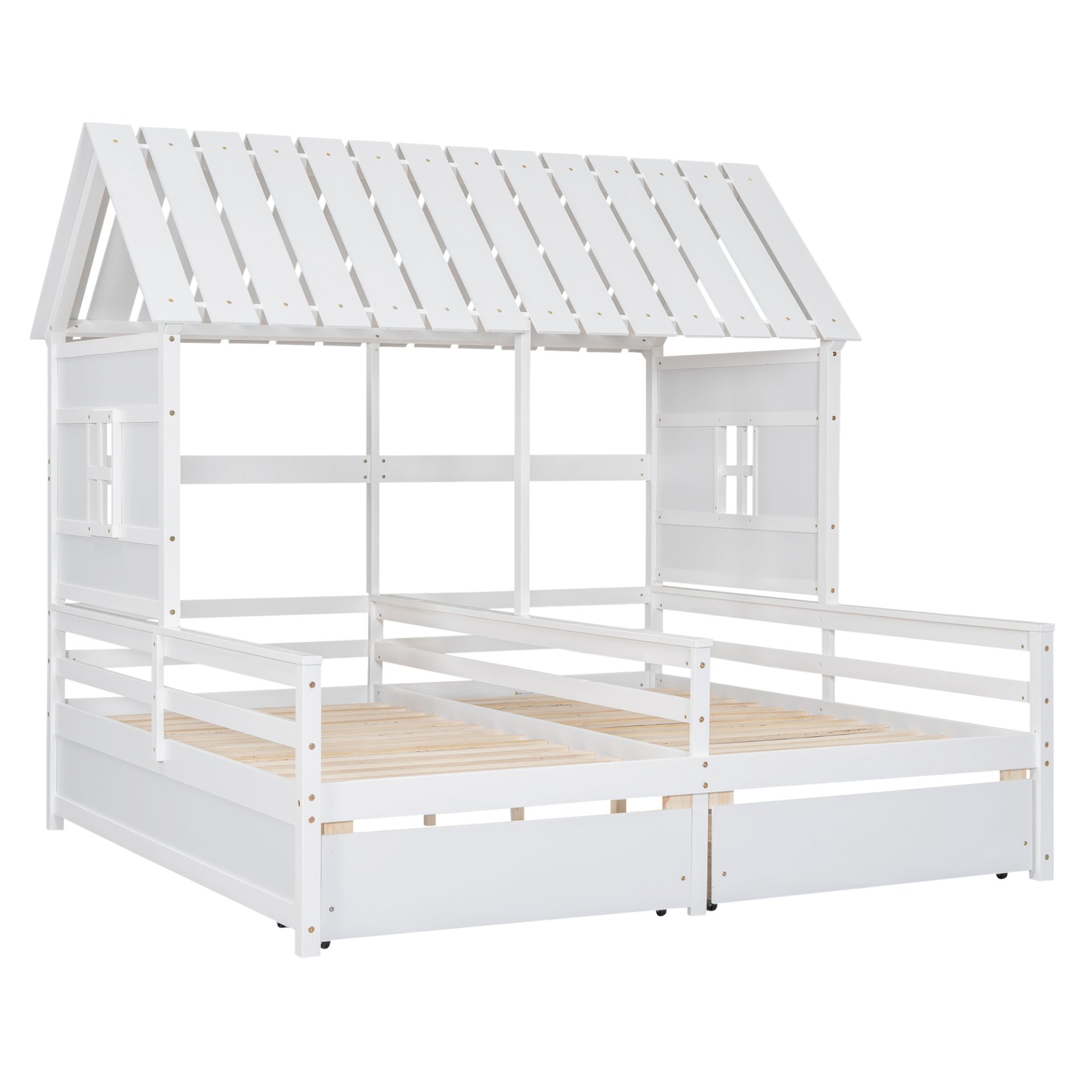 Twin Size House Platform Beds With 2 Drawers, Side By Side Design For Shared Bedrooms - White - Image 6