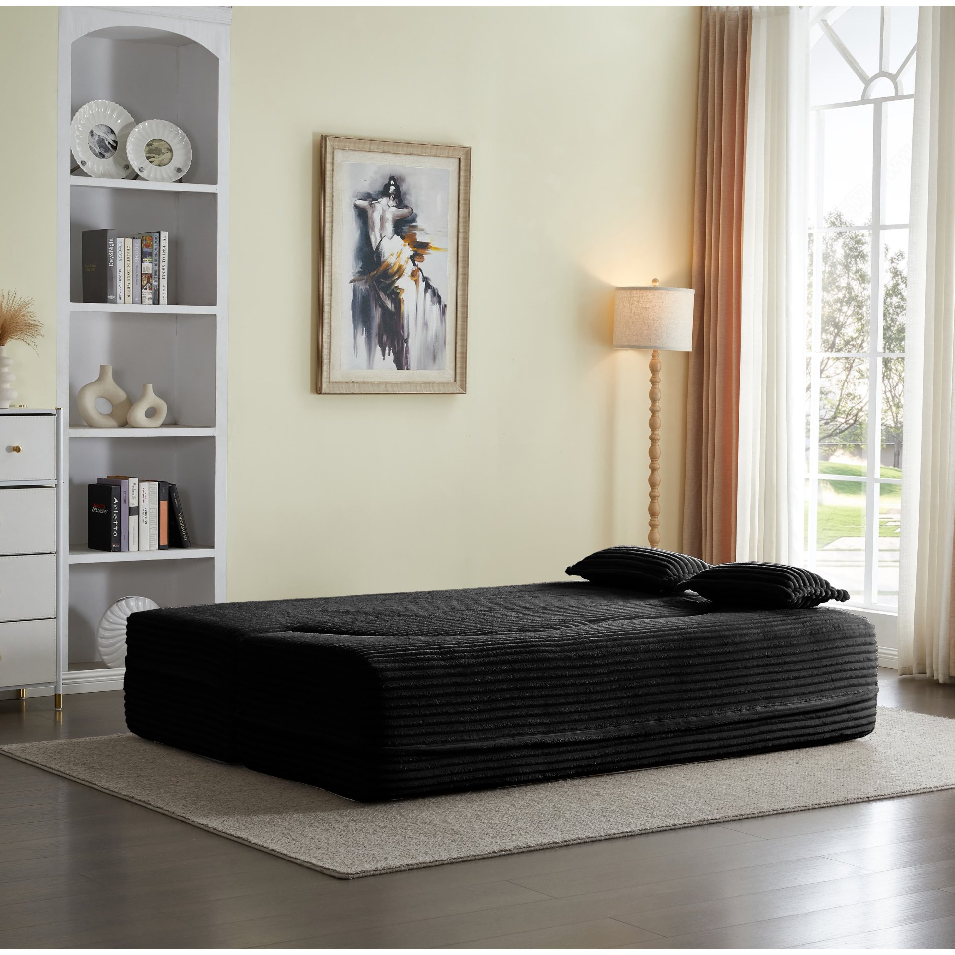 Floor Sofa With 2 Pillows, Convertible Plush Corduroy Foam Filled Sleeper Sofa Bed - Black - Image 7