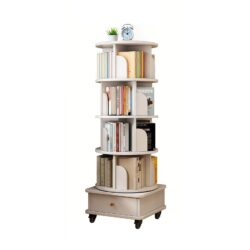 5 Tier Rotating Bookshelf With Wheels And Drawer, 360° Spinning Design, Space Saving Storage, For Home And Office - White