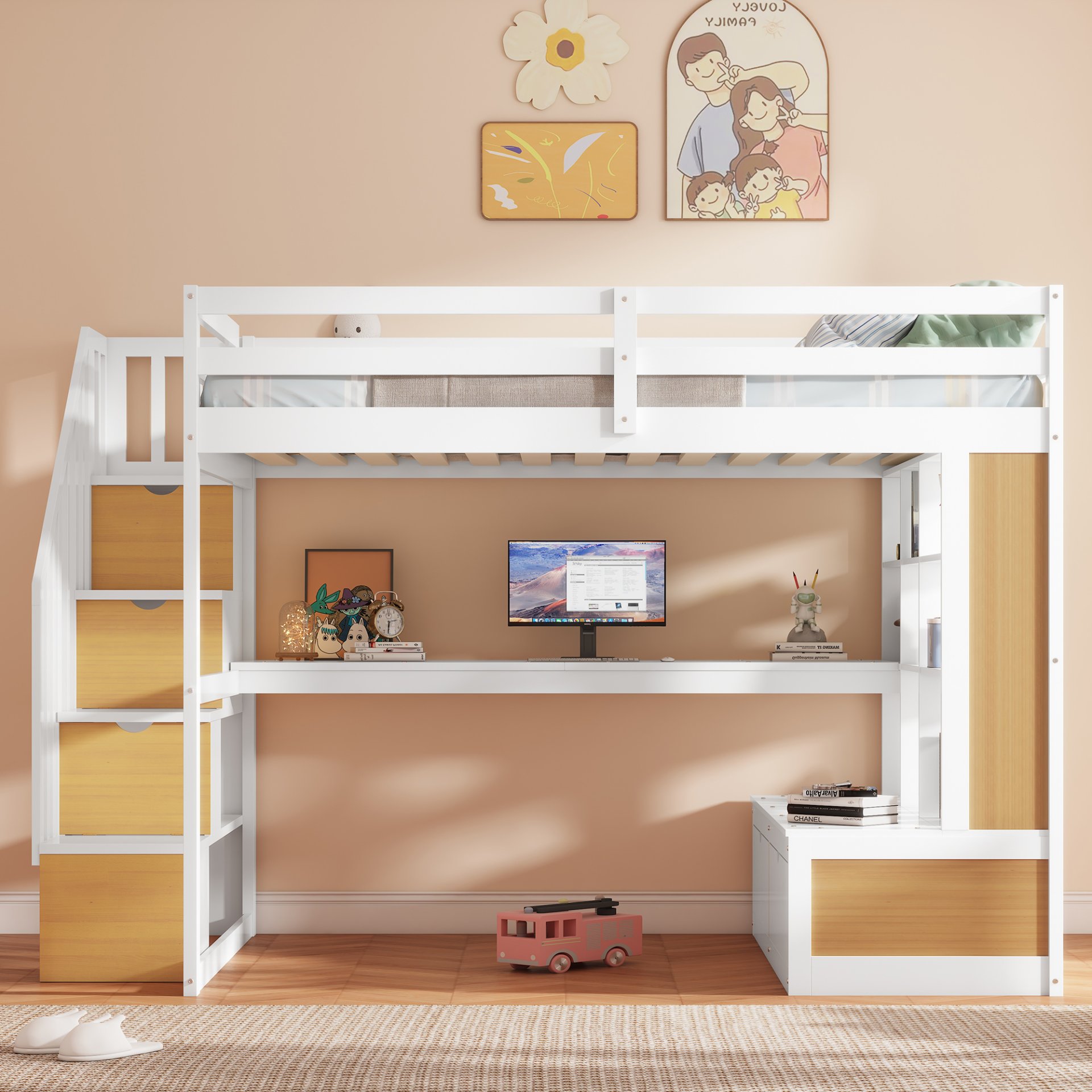 Full Size Loft Bed With Desk And Shelves, 2 Built In Drawers, Storage Staircase - Natural / White - Image 4