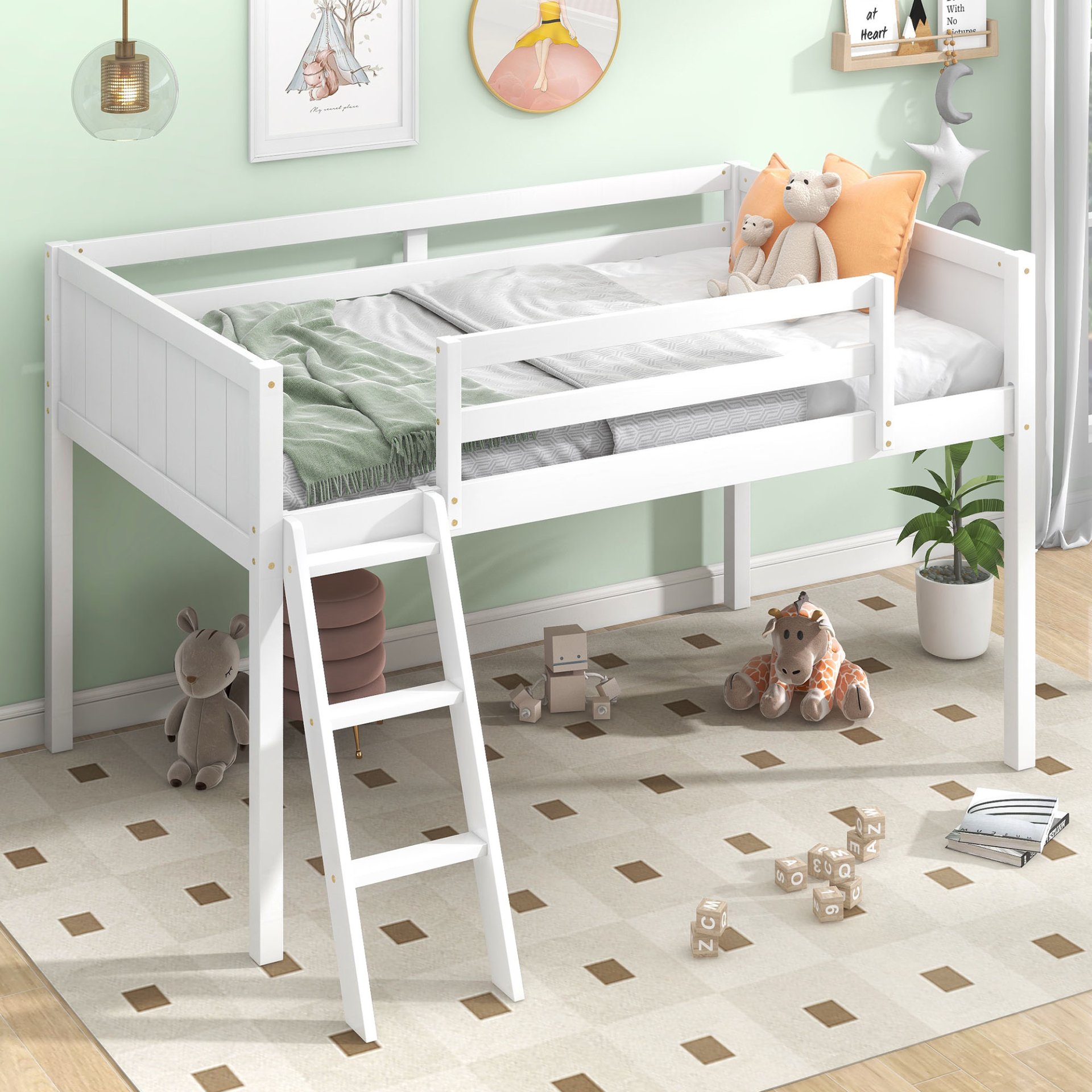 Twin Size Low Loft Bed With Adjustable Ladder - White - Image 4