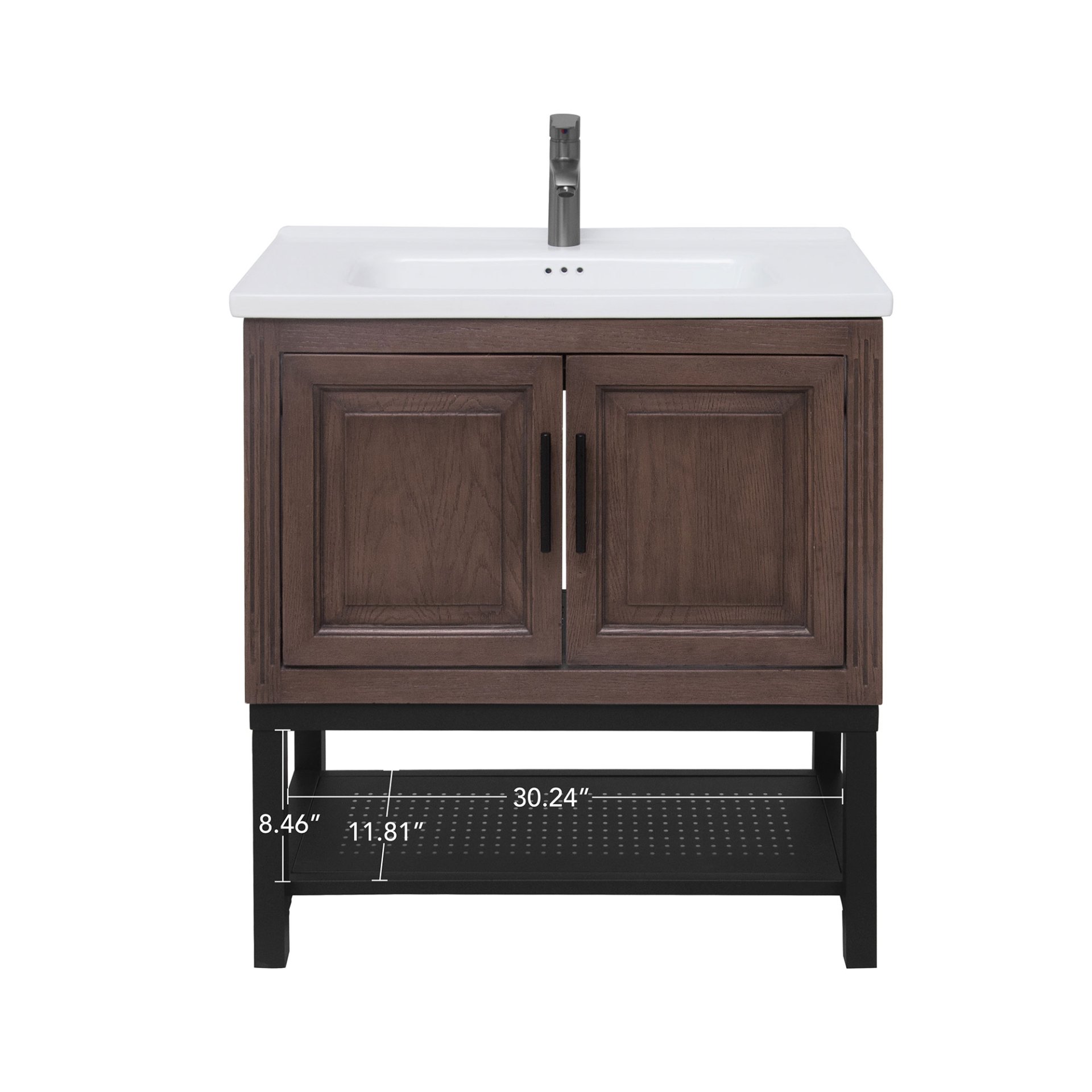 Modern Freestanding Bathroom Vanity With White Ceramic Sink, Hot And Cold Faucet, 2 Door Cabinet & Open Iron Shelf, Magnesium Oxide And Iron Frame - Walnut - Image 7