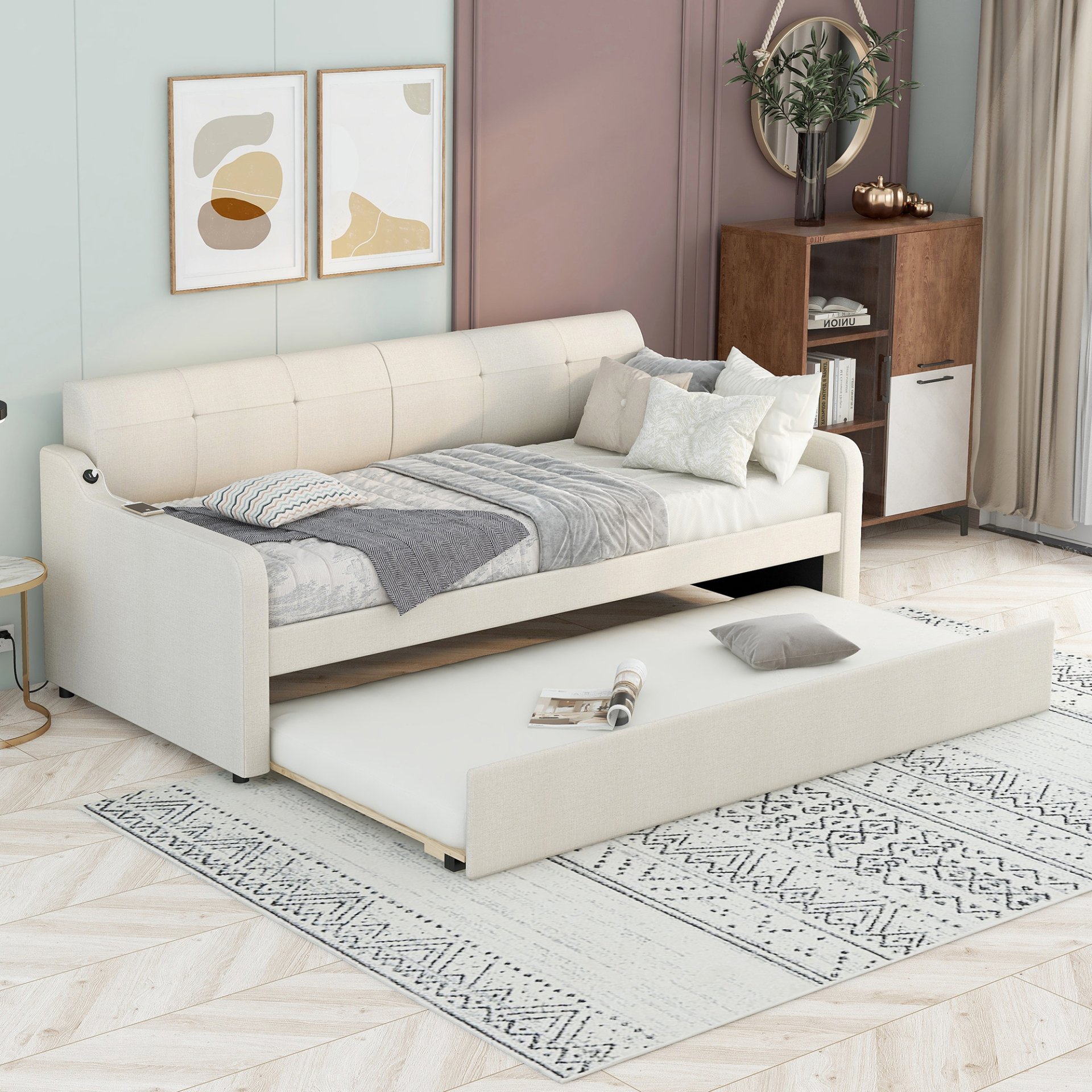 Twin Size Daybed With Trundle And USB Charging - Beige - Image 4