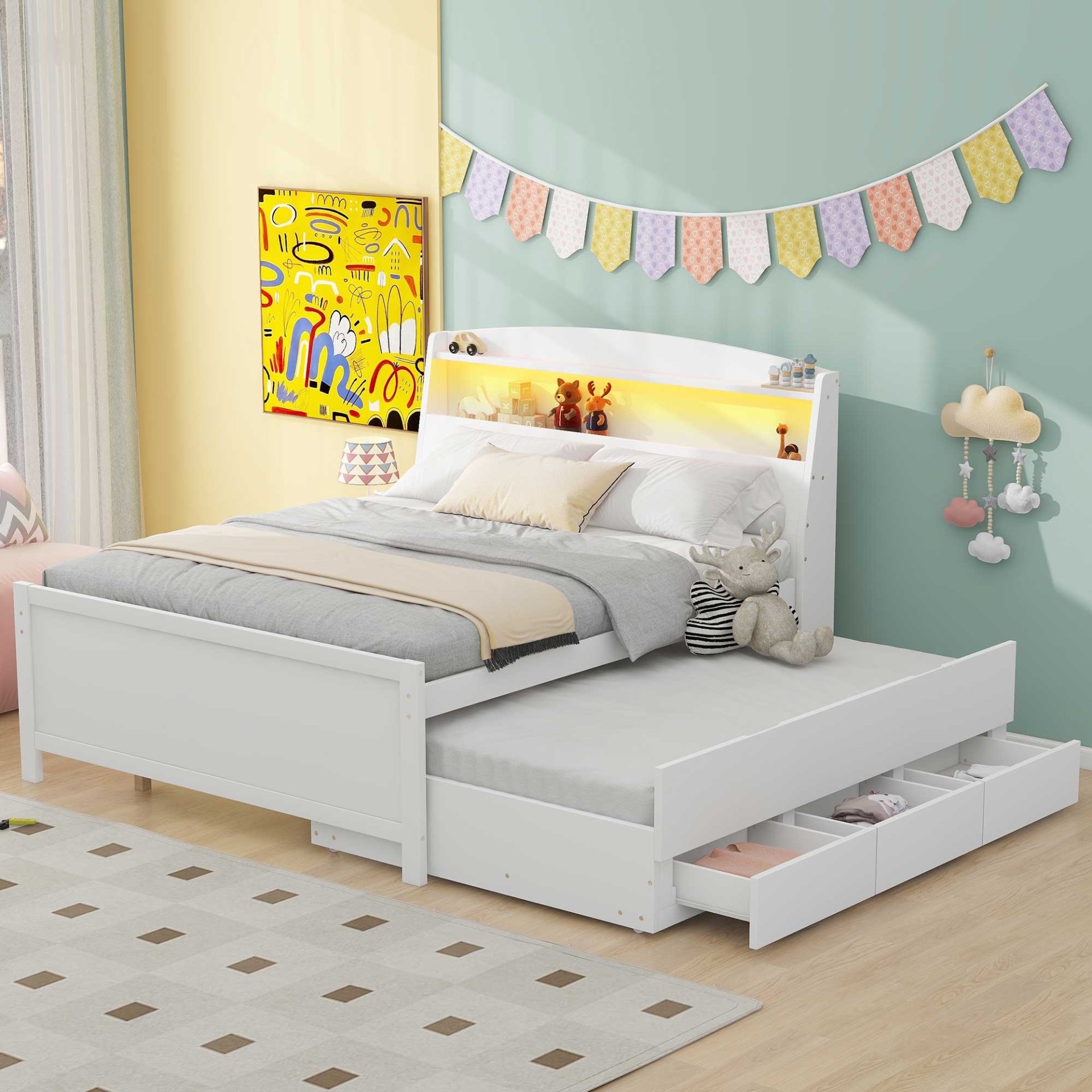 Full Size Platform Bed With Storage LED Headboard, Twin Trundle And 3 Drawers - White - Image 6