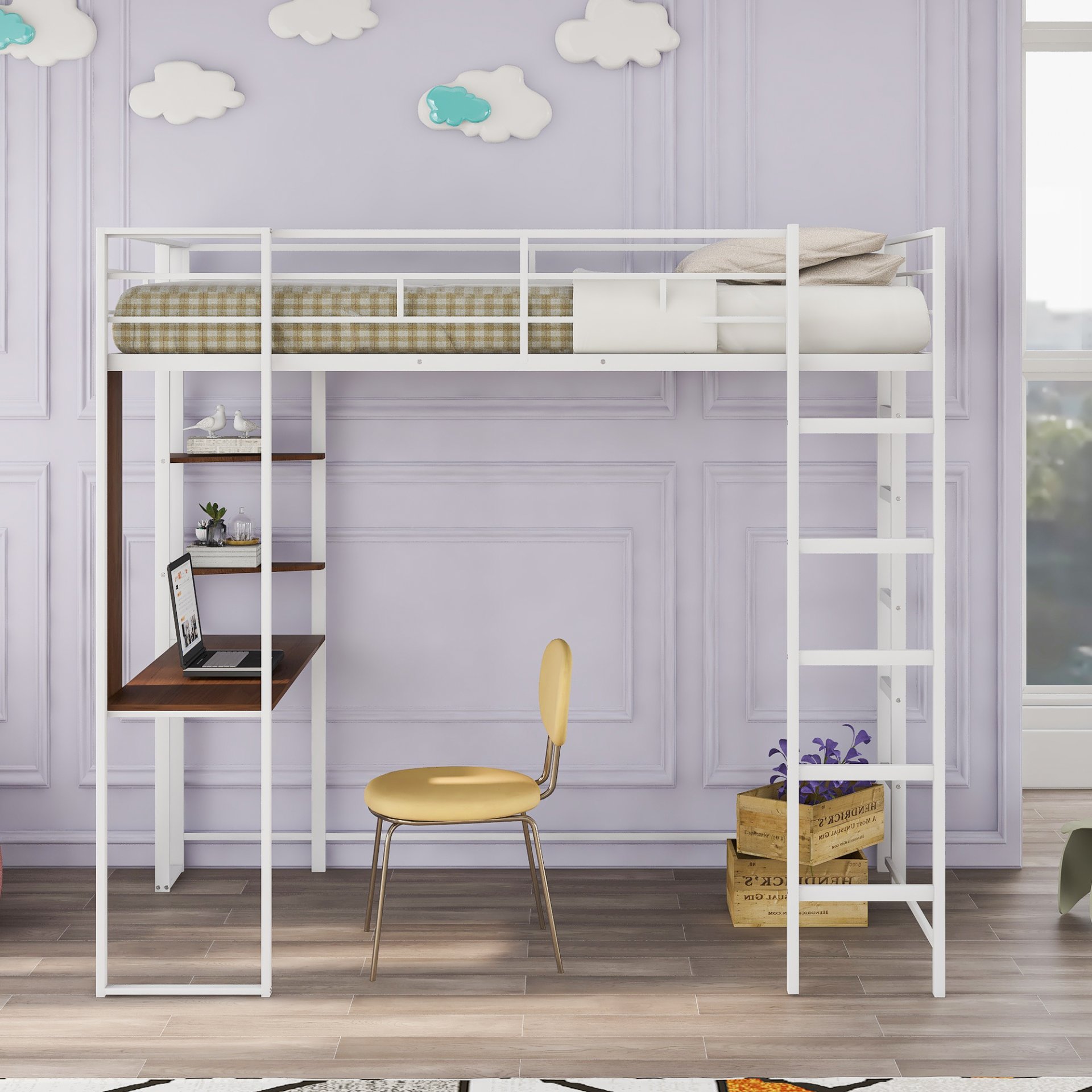 Hearth & Haven - Twin Metal Loft Bed With 2 Shelves And One Desk - White - Image 4