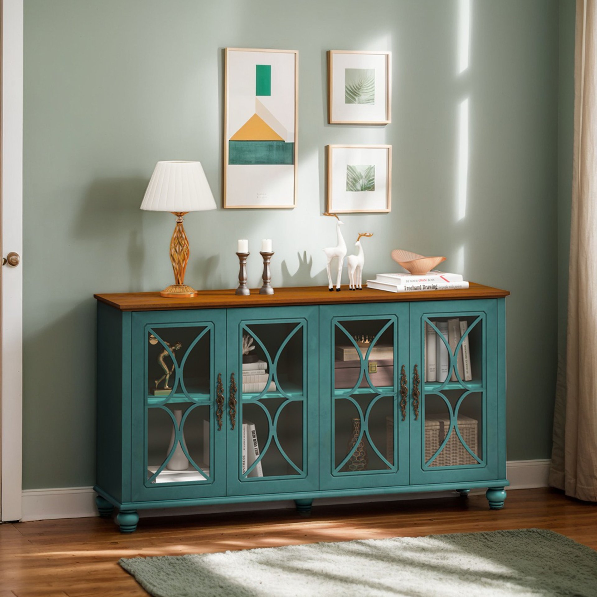 Elegant 4 Door Cabinet With Tempered Glass Doors - Dark Green - Image 2