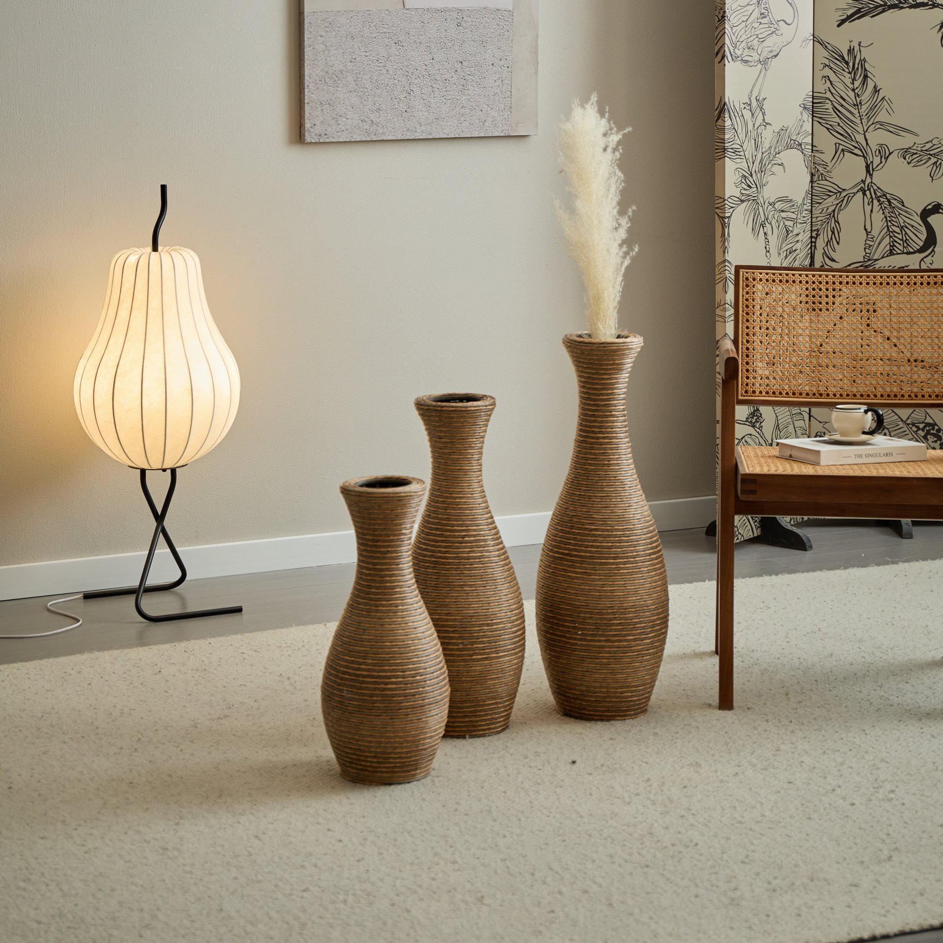 3 Piece Artificial Rattan Floor Vase Set Decorative Accent For Living Room, Hallway & Entryway, Ideal For Dried Or Silk Flower Arrangements - Beige - Image 12