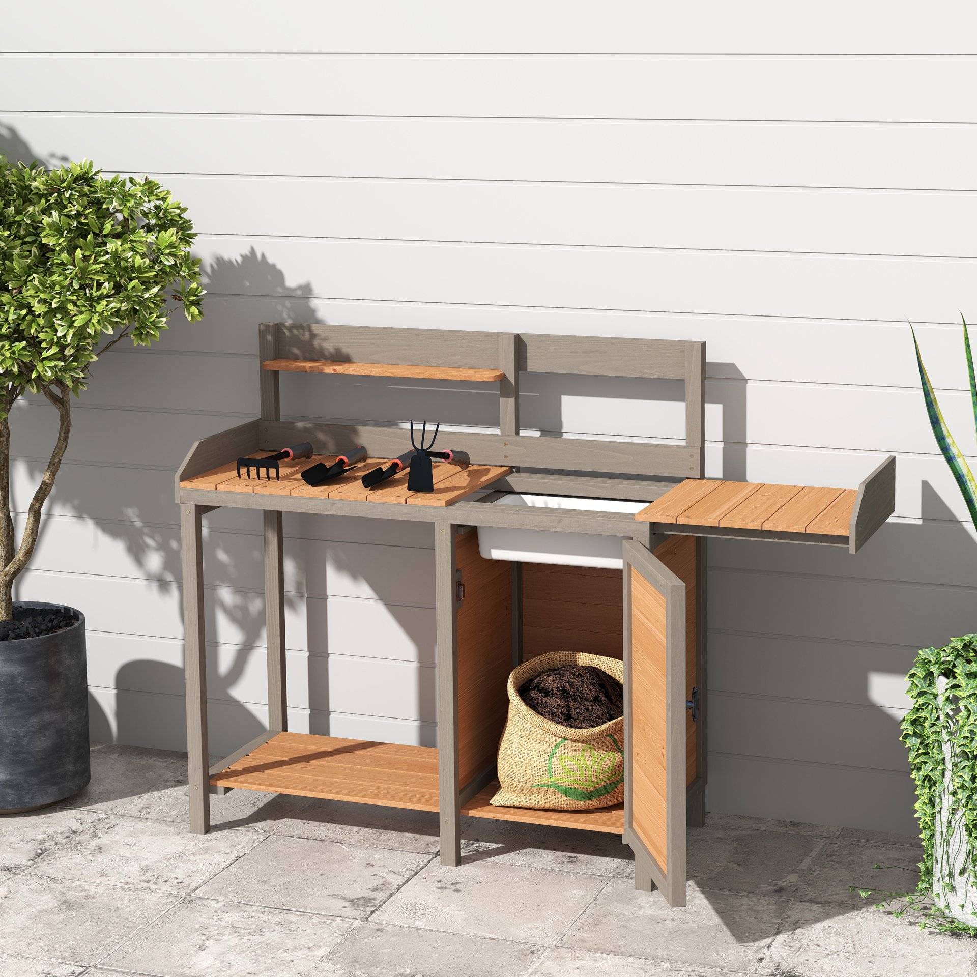 Outdoor Potting - Bench, Workstation Table With Cabinet For Backyard Garden Supplies - Brown / Gray - Image 2