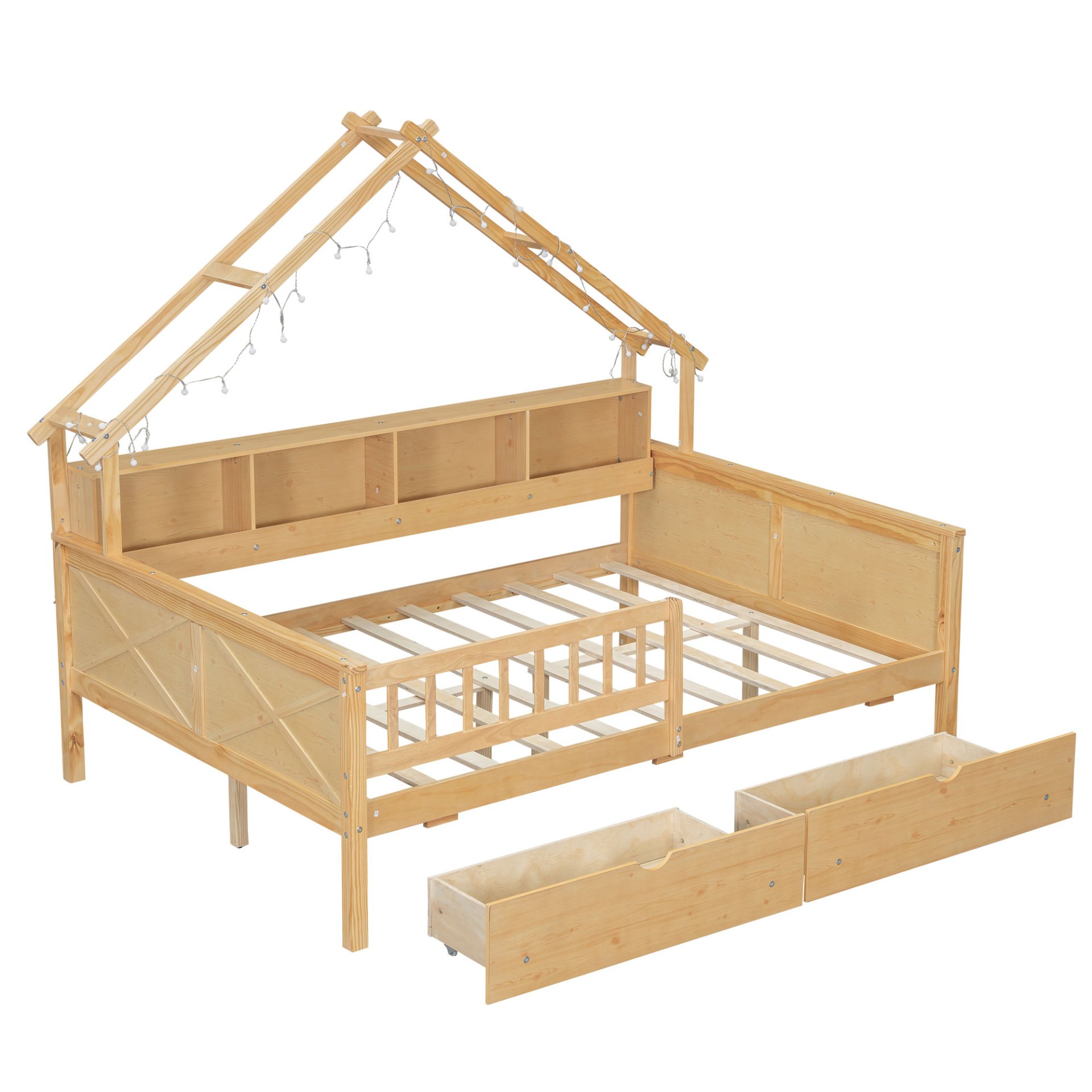 House Style Full Size Platform Bed With LED Lights, Storage Shelves, Drawers, And Guardrail - Natural - Image 8