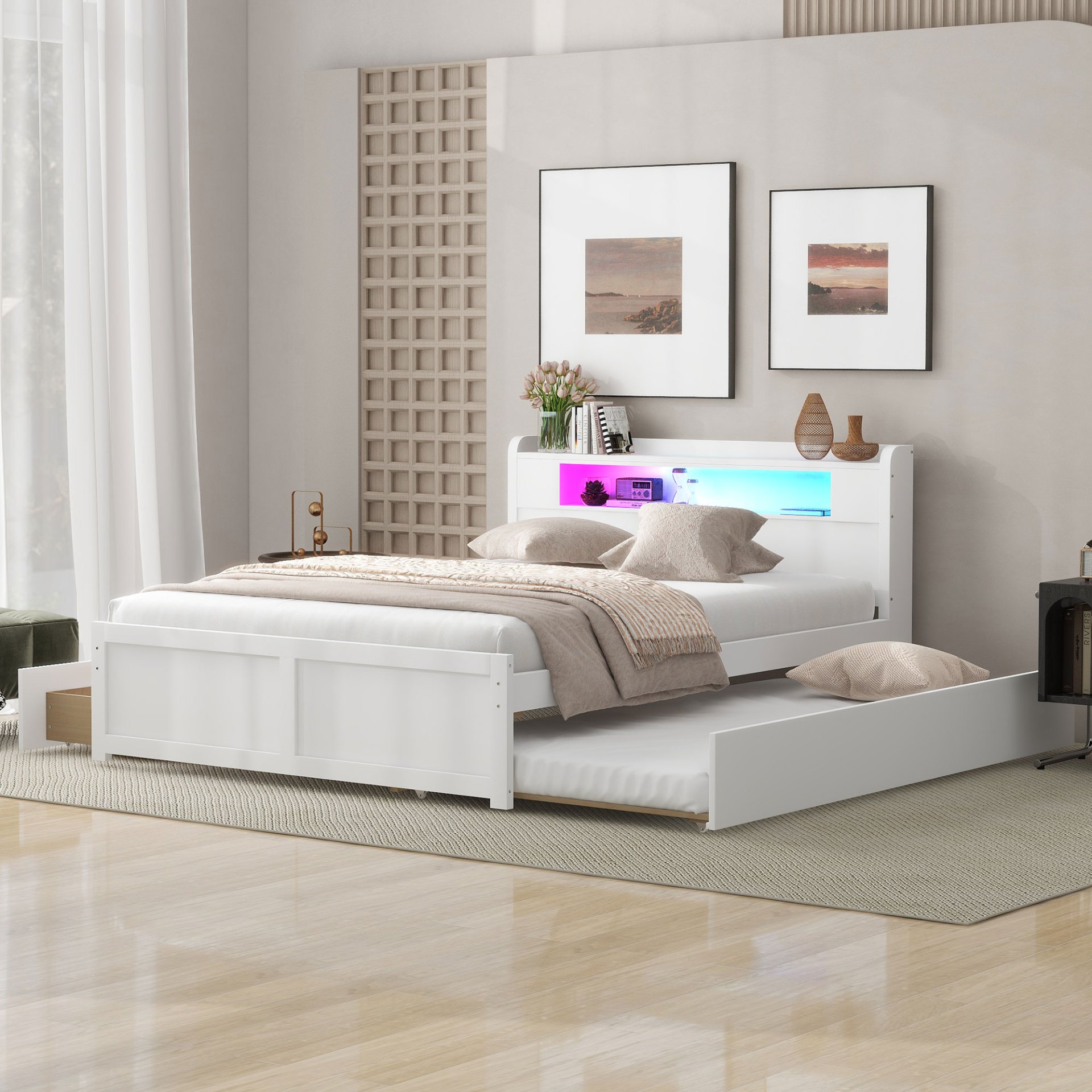 Queen Size Storage Platform Bed With LED Lights, 2 Drawers And Twin Trundle - White - Image 5