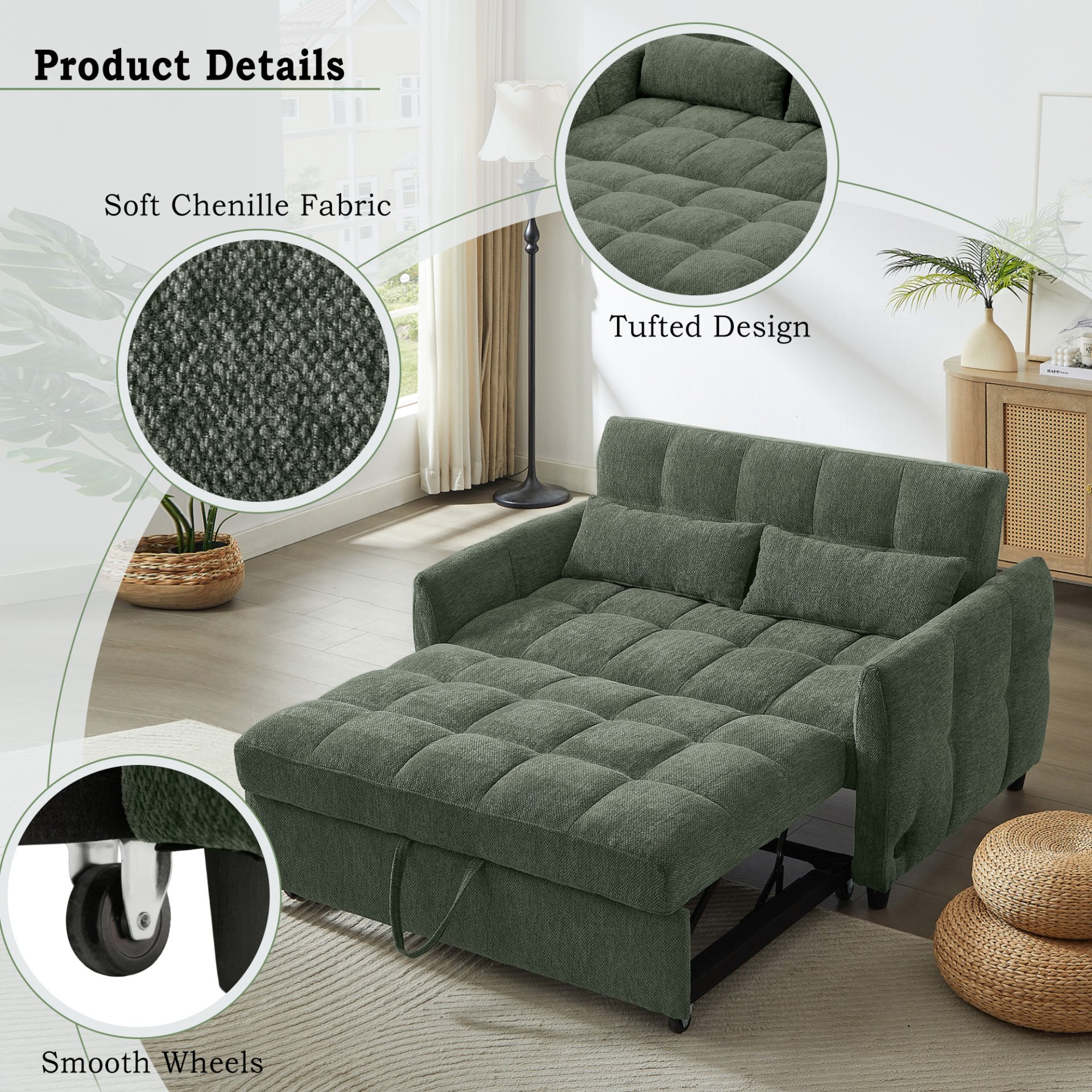 Tufted Loveseat Sofa Bed With Adjustable Backrest, 3 USB Ports, And 2 Lumbar Pillows - Green - Image 8