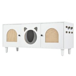 Furniture Style Cat Cabinet Cat Litter Box With Sisal Scratching Door - Cream White