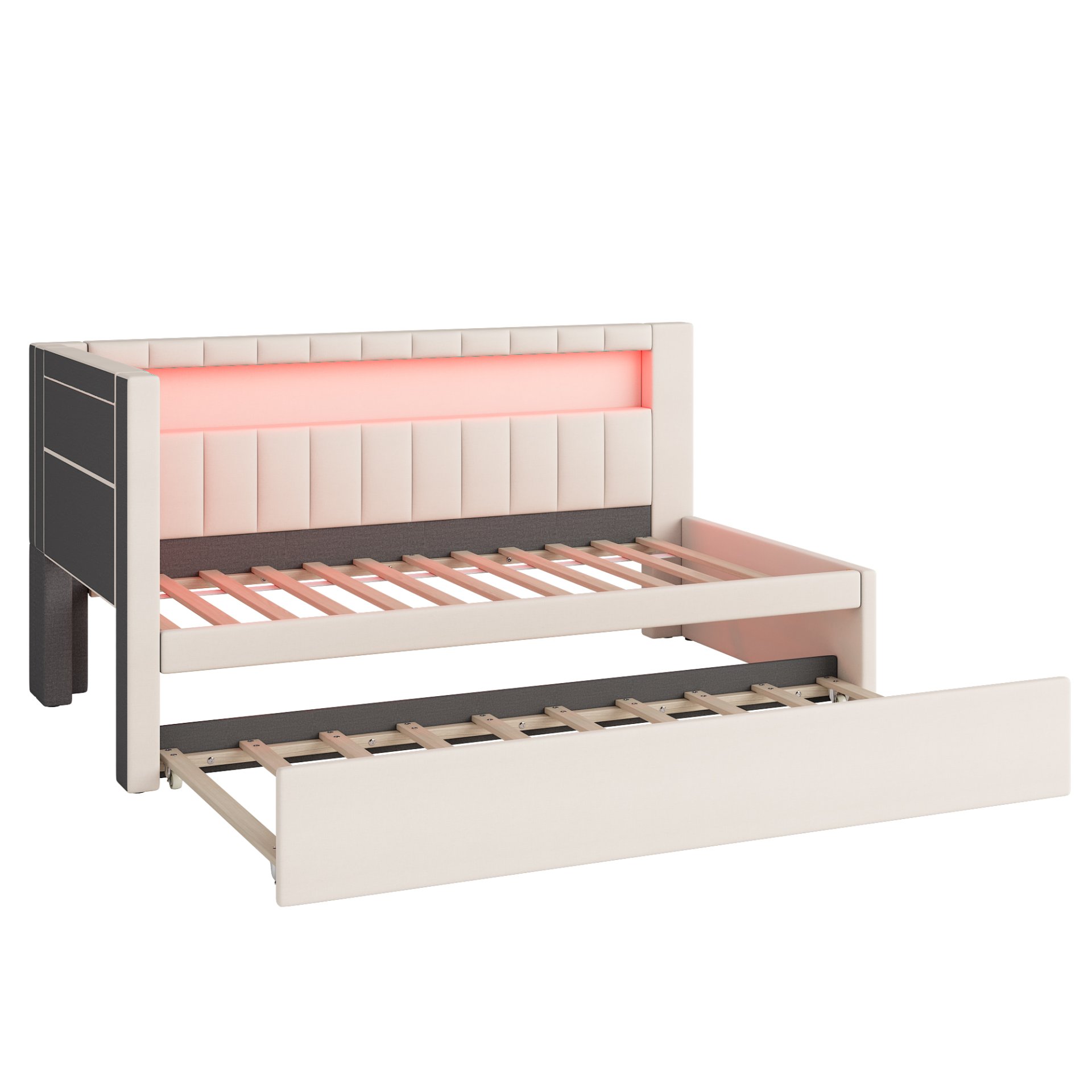 Twin Upholstered Platform Bed With USB Ports And LED Belt, Includes Trundle - White - Image 7