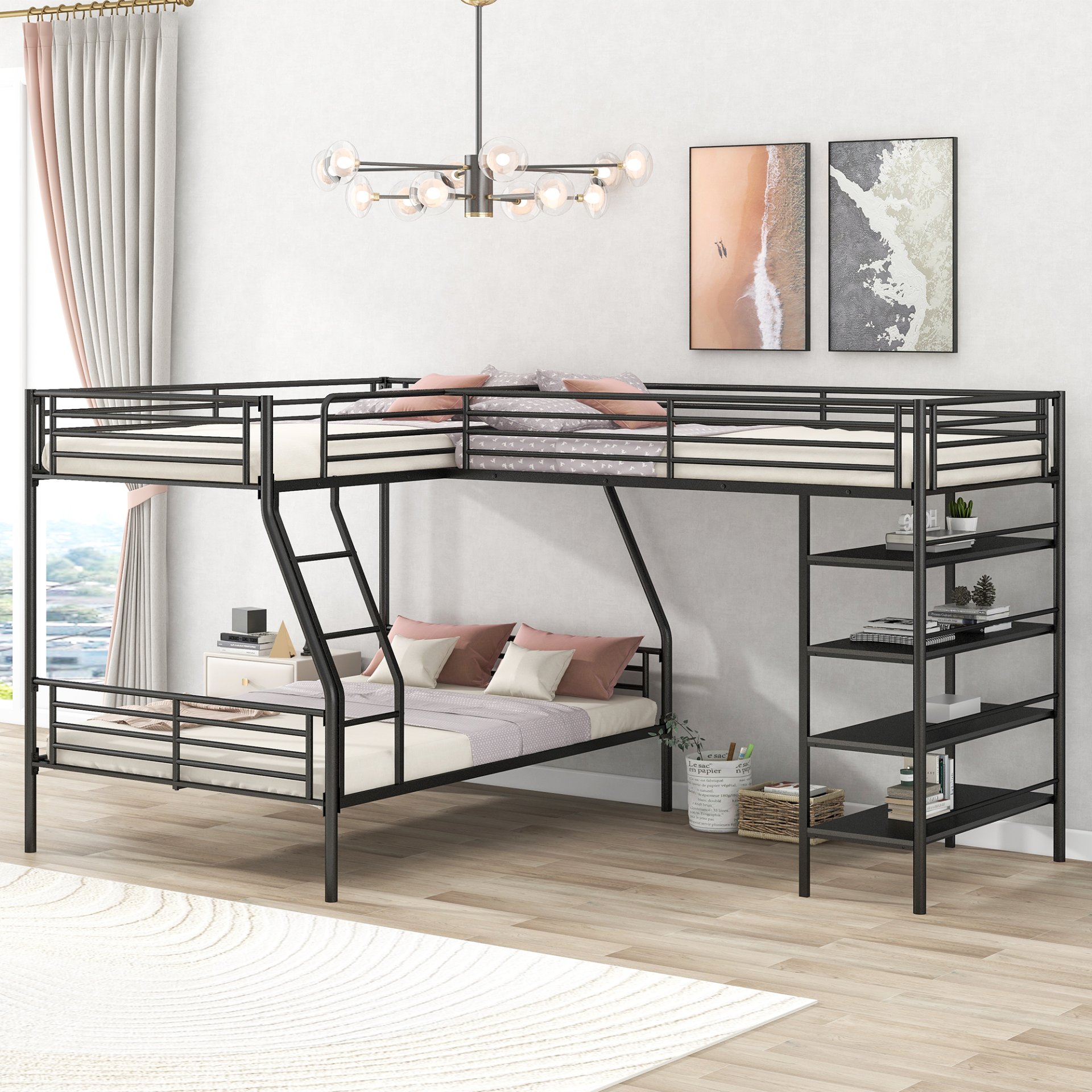 L-Shaped Twin Over Full Bunk Bed And Twin Loft Bed With 4 Built In Shelves - Black - Image 4