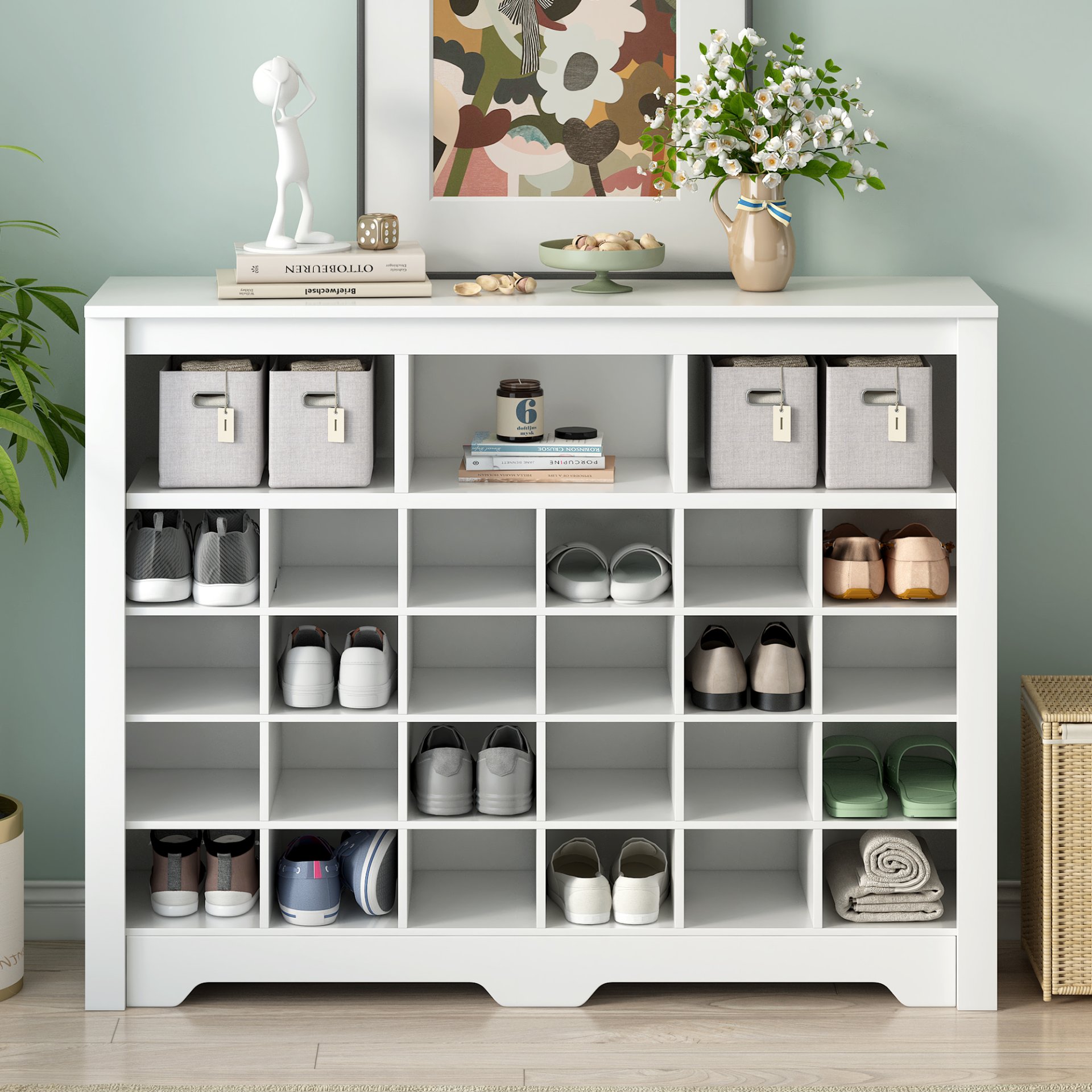 24 Shoe Cubby Console, Shoe Cabinet - White - Image 4