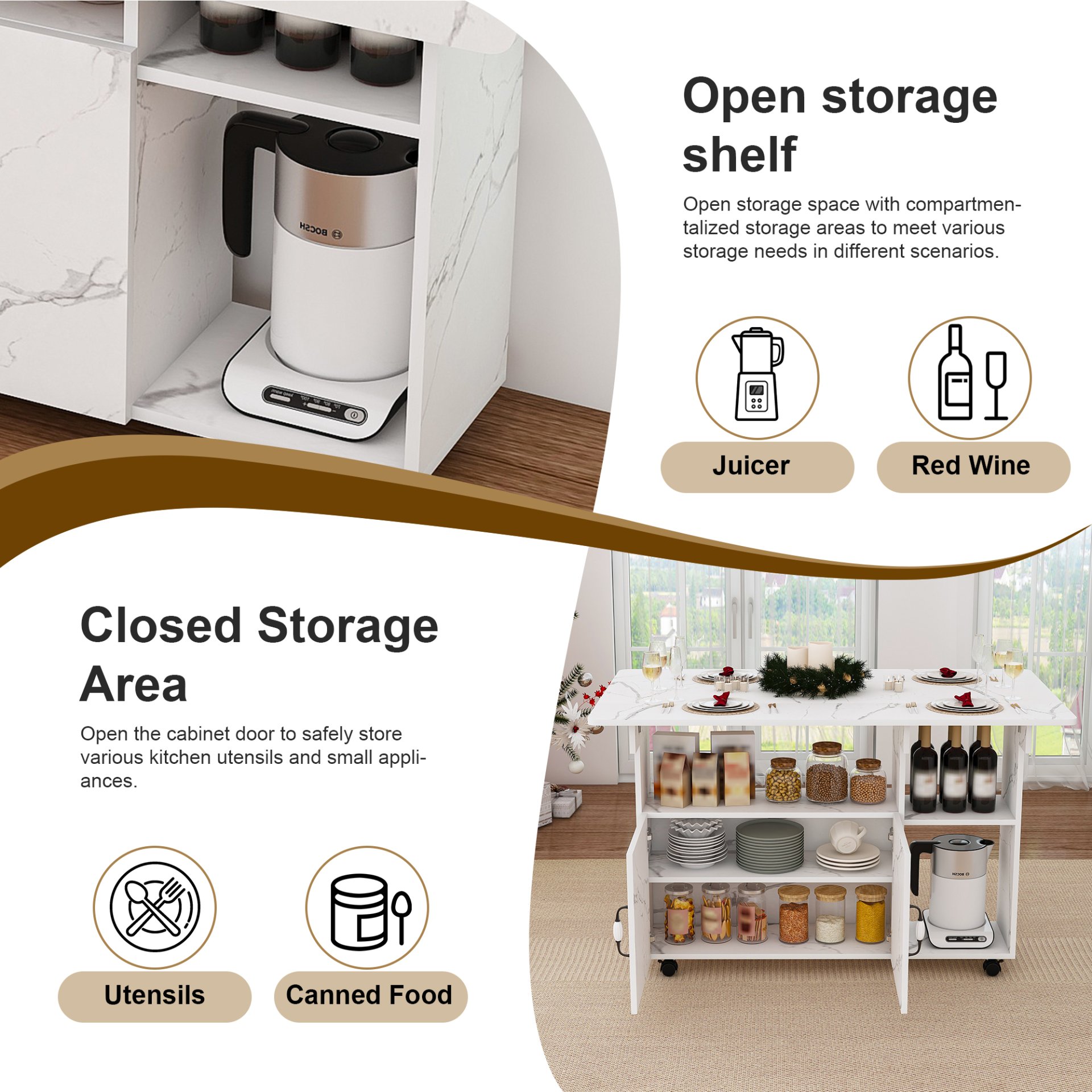 Multifunctional Folding Table With Storage Shelves And Wheels, Compact Desk For Kitchen - White - Image 9